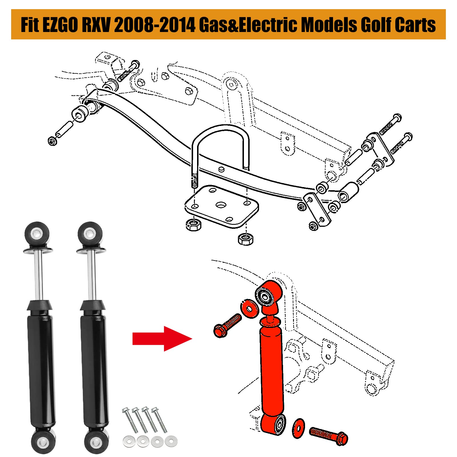 EZGO RXV Golf Cart Rear Shock Absorbers - OEM Replacement (2 Pack) - Compatible with Gas & Electric Models 2008+ (Part #603637 & 611724) - Perfect for Smooth Rides on Golf Courses & Neighborhood Streets