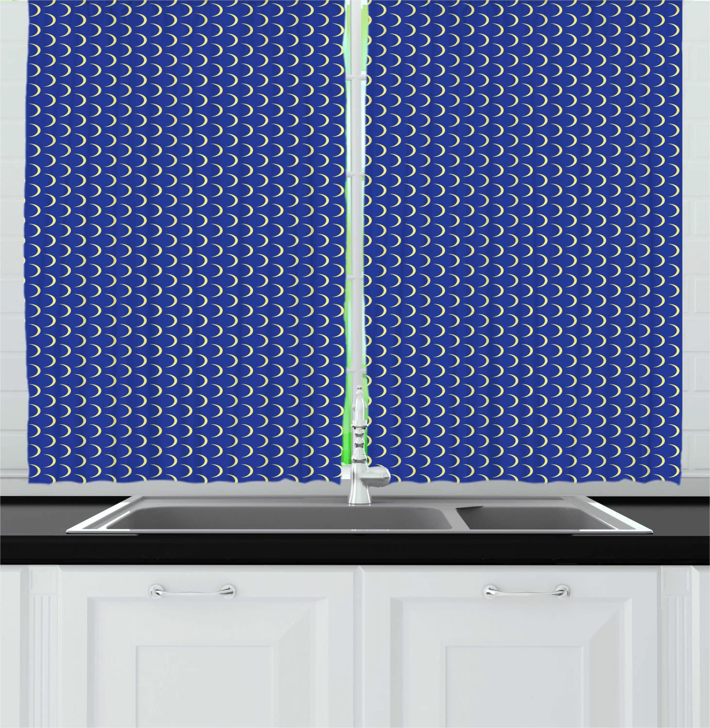 Ambesonne Abstract Long Kitchen Curtains - Crescent Moon Silhouette Design, Celestial Night Sky Theme, 2 Panel Rod Pocket Drapes for Bedroom & Living Room, 55 x 45 Inches, Cobalt Blue & Pale Yellow - Perfect for Nursery, Kids Room & Boho Home Decor