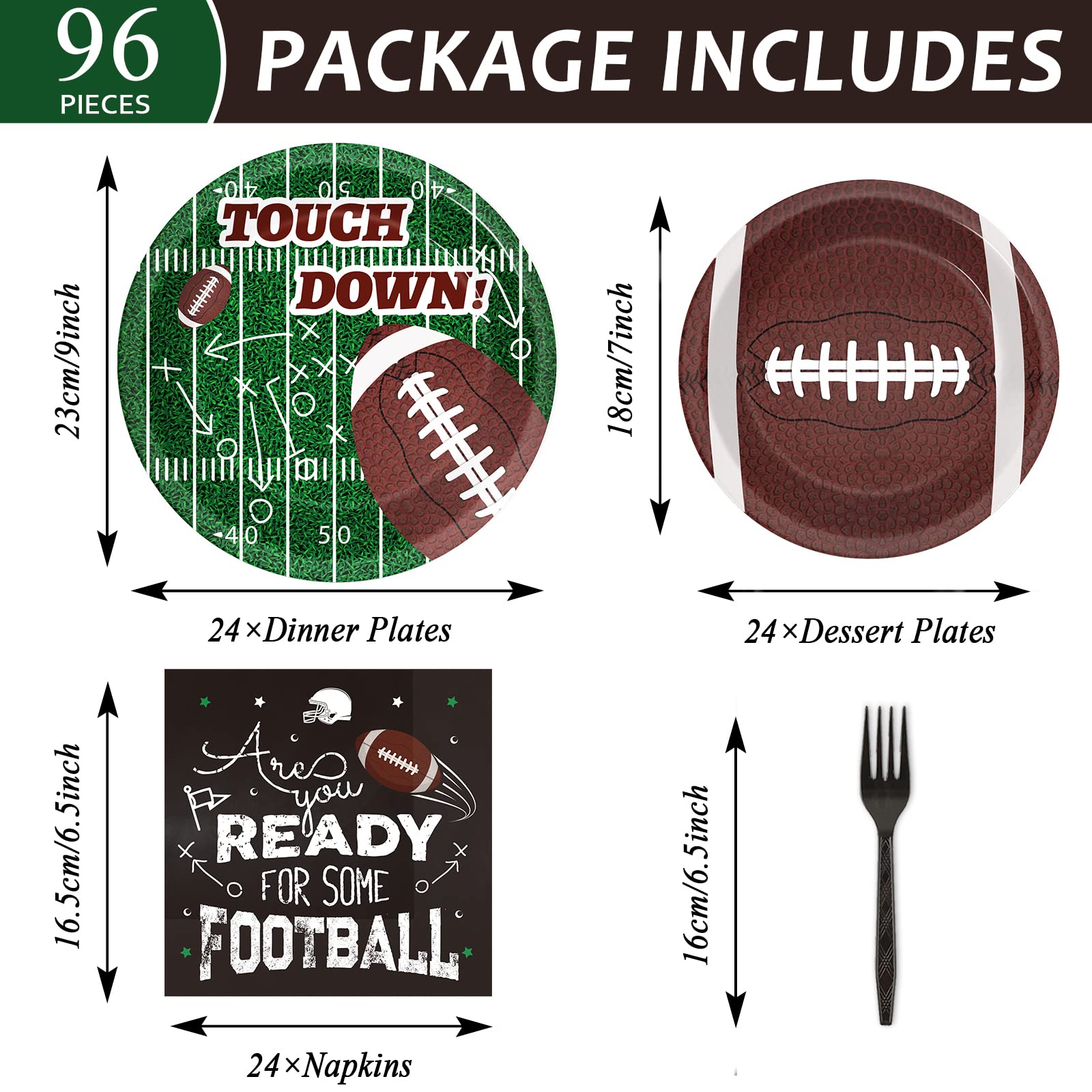 96-Piece Football Party Tableware Set - 24 Guest Touchdown-Themed Plates, Napkins & Forks - Perfect for Football Birthday Decorations, Game Day Parties & Sports-Themed Dessert Tables