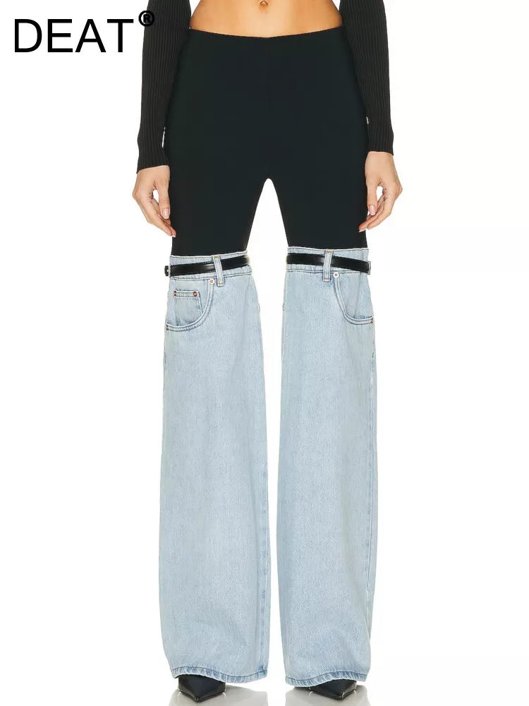DEAT Fashion Women's High Waist Straight Leg Jeans with PU Leather Patchwork & Buckle Details - Trendy Streetwear Denim Pants for Spring 2023 | Perfect for Casual Outings, Parties and Everyday Wear