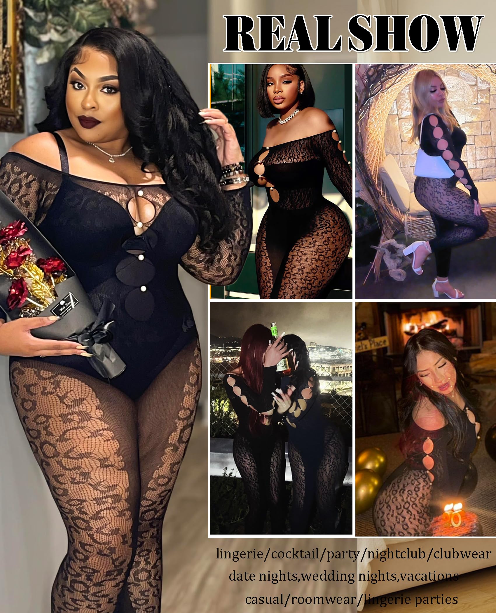 Avidlove Women's Long Sleeve Fishnet Bodystocking - Leopard Print Rhinestone Lingerie Set, Cut Out Jumpsuit for Valentine's Day & Romantic Nights