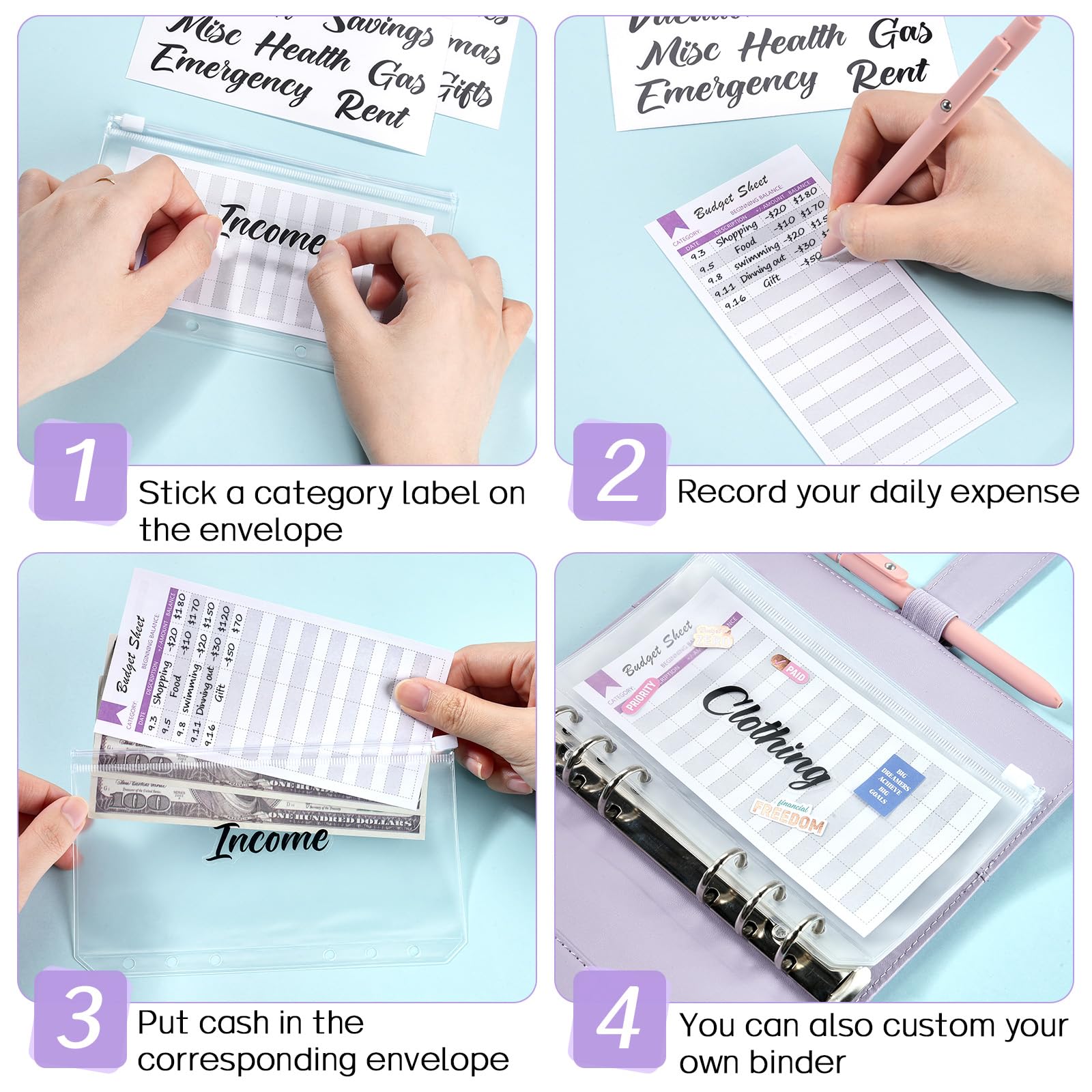 Sooez Budget Binder with Money Saving Challenge - Cash Envelopes, Expense Tracker & Category Labels for Home, Office & School - Perfect for Financial Planning, Bill Organization & Savings Goals