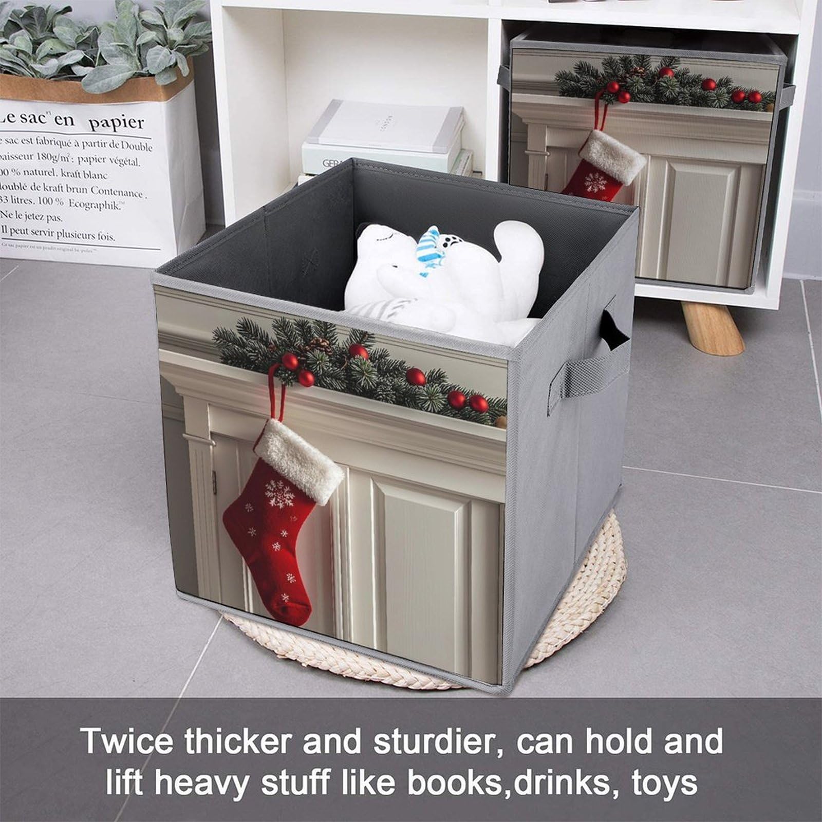 6PCS Foldable Storage Bins with Handles - Large Capacity Christmas Stocking Printed Storage Boxes & Cubes for Playroom, Office, Home Organization | Perfect for Holiday Decor, Toy Storage & Clutter Control