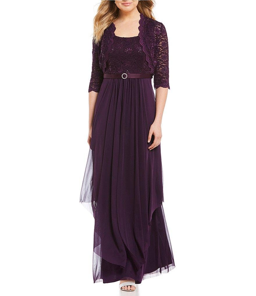 R&M Richards Women's Sequin Lace Long Jacket Dress - Elegant Mother of The Bride Gown in Size 14, Eggplant Purple | Perfect for Weddings, Formal Events & Special Occasions