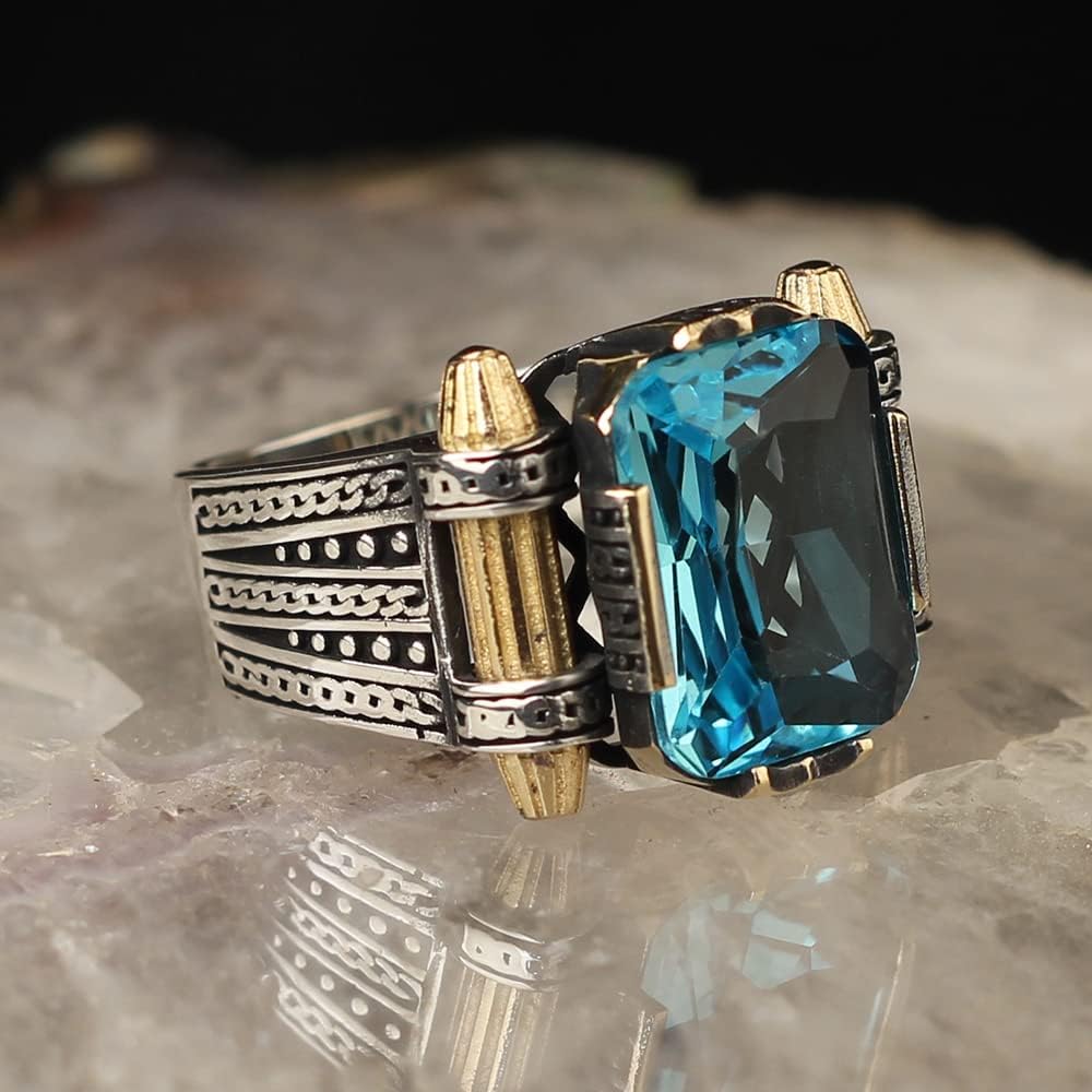 Handmade 925 Sterling Silver Aquamarine Men's Ring - Ottoman Turkish Style Jewelry for Men, Unique Boyfriend Gift & Anniversary Present (Size 10.5) - Perfect for Weddings, Date Nights & Special Occasions