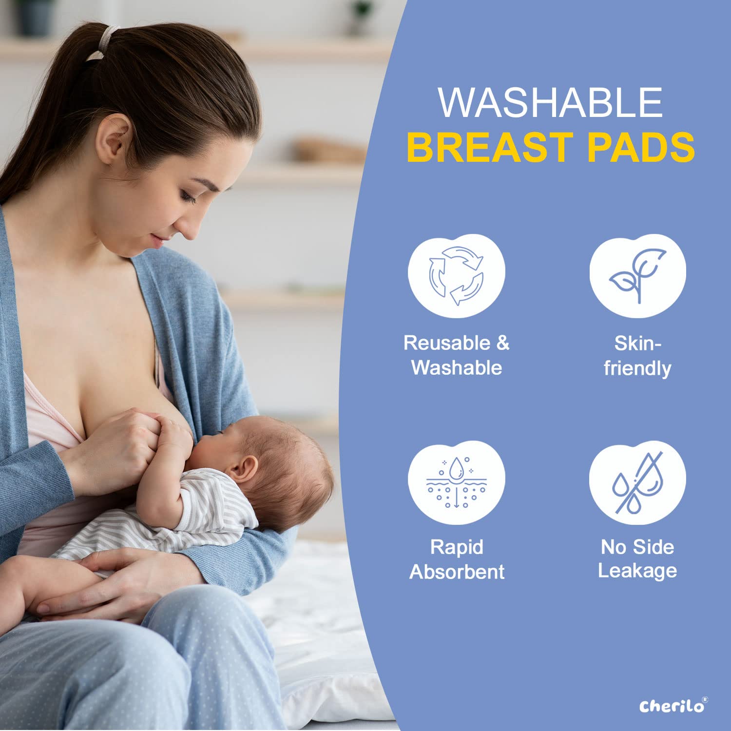 Cherilo Reusable Nursing Pads for Breastfeeding - Ultra Absorbent Washable Breast Pads for Women, 3-Layer Overnight Protection, Skin-Friendly & Leak-Proof (Sky Blue, 6 Pack) - Perfect for Daily Use, Nighttime Comfort & Active Moms
