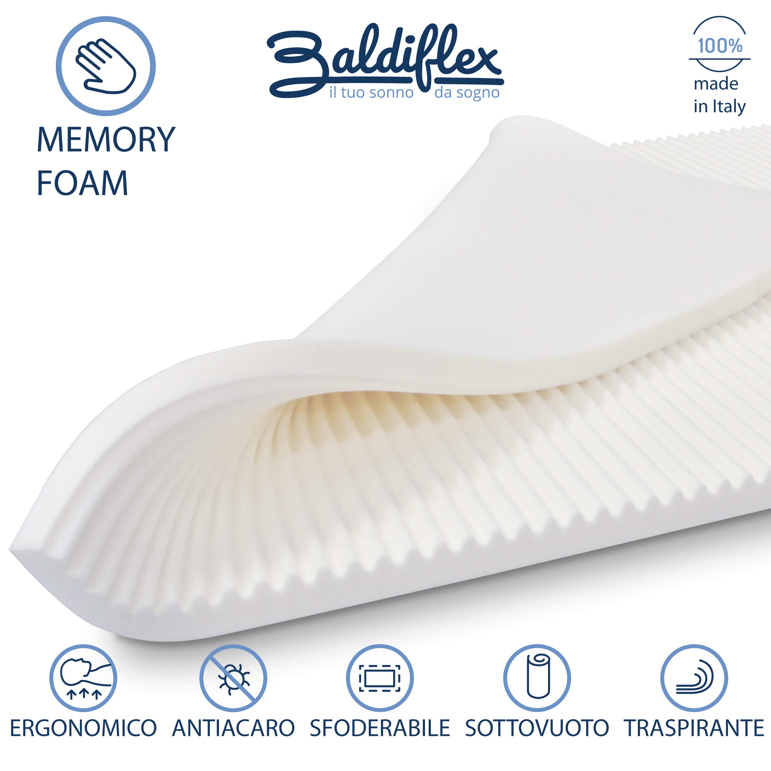 Baldiflex Wave Memory Foam Mattress Topper with Removable Cover - 5cm Ergonomic Support, Hypoallergenic & Dust Mite Resistant for Better Sleep & Back Pain Relief | Perfect for Bedroom, Guest Room & Dorm Use