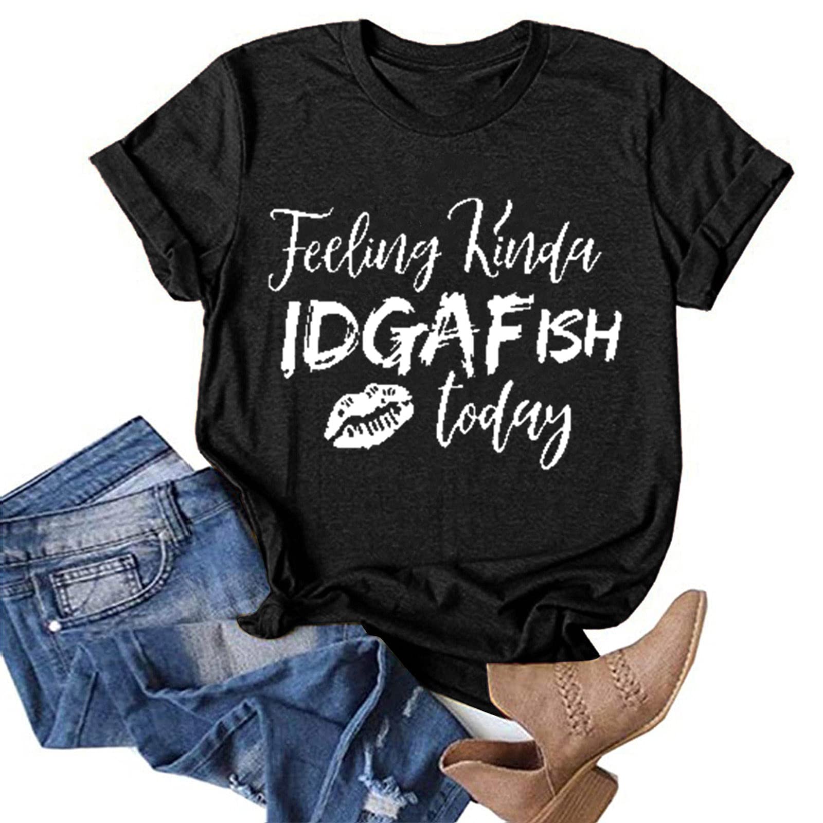 POLLYANNA KEONG Women's Summer T-Shirts - Short Sleeve Casual Letter Print O-Neck Blouse for Everyday Wear, Outfits & Street Style