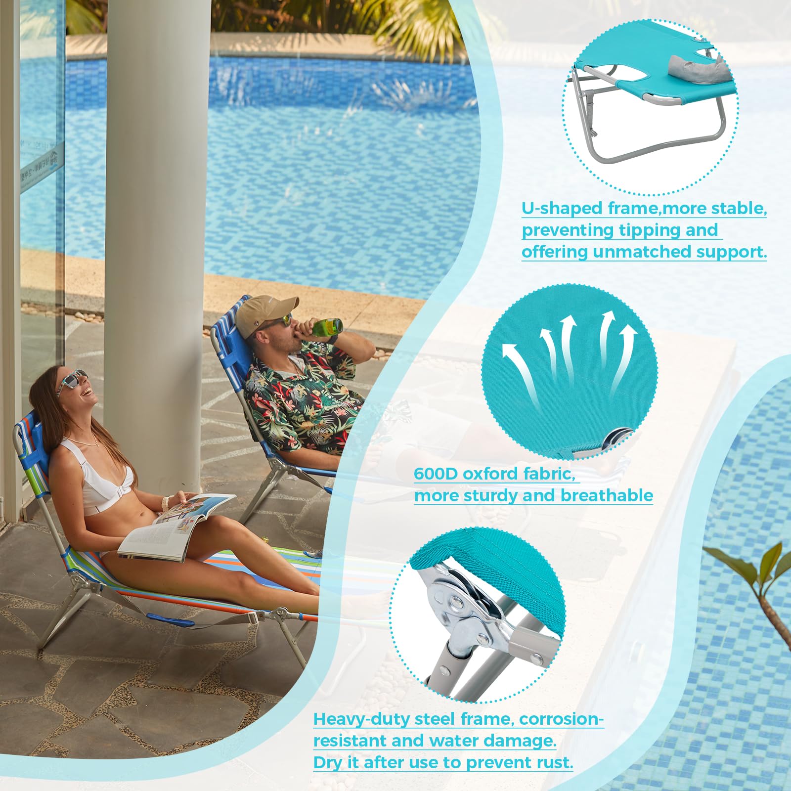 Premium Foldable Chaise Lounge Chair with Adjustable Backrest & Padded Pillow - Heavy Duty Patio Sun Chair for Beach, Pool, Garden & Camping - Perfect for Sunbathing, Relaxing & Outdoor Lounging