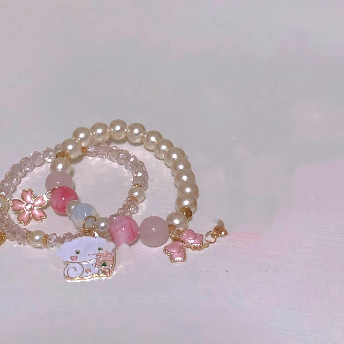 **Elastic Cartoon Crystal Beads Pearl Bracelets - Cute Kawaii Adjustable Beaded Strand Bracelets for Women & Girls - Graduation Charm Bracelet Gift for Kids - Perfect for Parties, School, and Everyday Wear**