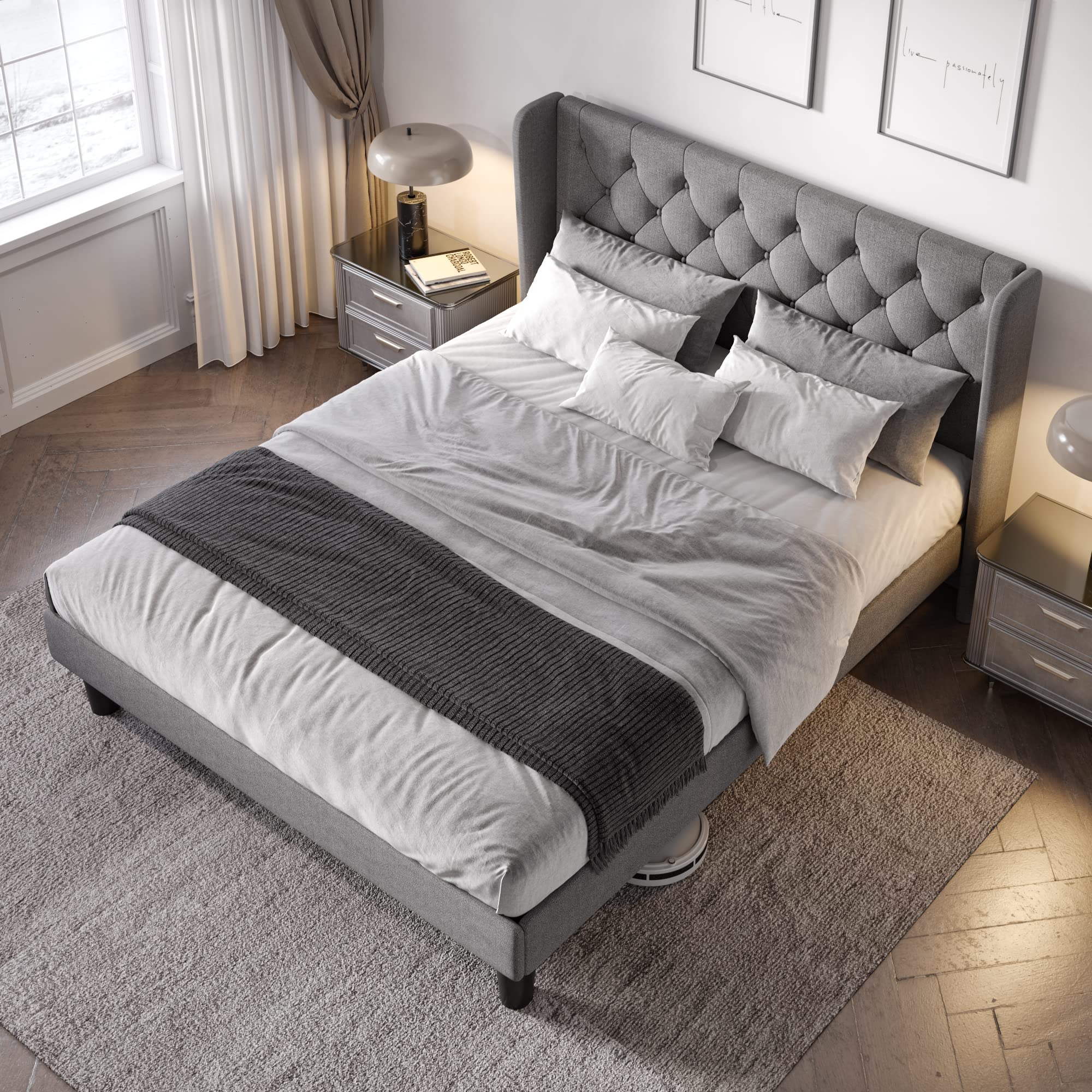 Allewie Queen Size Bed Frame with Button Tufted Wingback Headboard - Modern Upholstered Platform Bed with Solid Wood Slats (No Box Spring Needed) - Easy Assembly, Light Grey - Perfect for Master Bedrooms, Guest Rooms & Modern Apartments