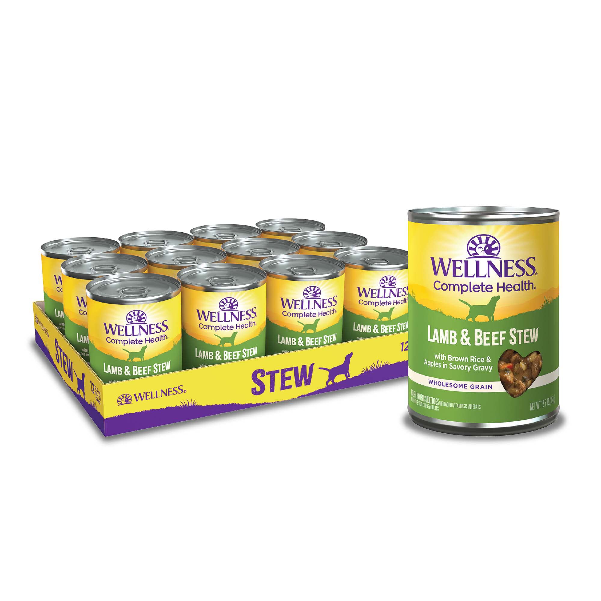 Wellness Complete Health Thick & Chunky Natural Canned Wet Dog Food - Lamb & Beef Stew Recipe, 12.5 Oz (Pack of 12) - High Protein Grain-Free Meal for Adult Dogs, Perfect for Picky Eaters & Digestive Health