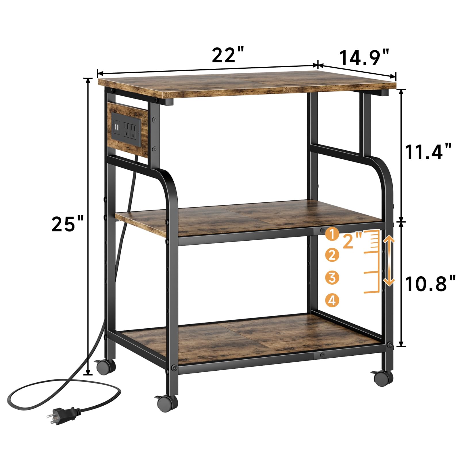 3 Tier Large Printer Stand with Power Outlet & USB Port - Adjustable Rolling Cart for 3D Printer, Heat Press, Laser Printer - Rustic Brown Storage Shelf - Perfect for Home Office, Workshop & Craft Room Organization