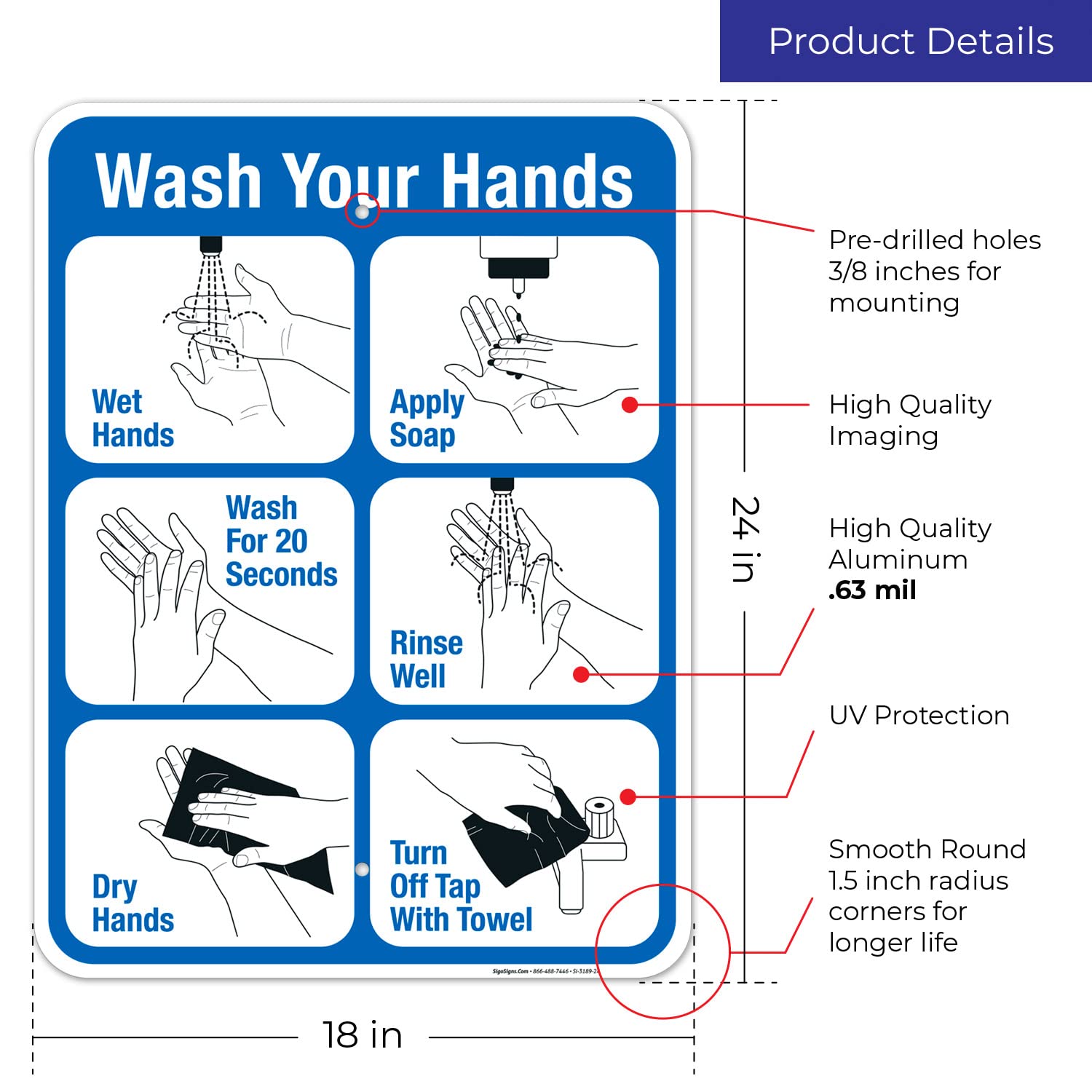 6 Steps Hand Washing Sign - 18x24 Inches Rustproof Aluminum Hygiene Poster for Restaurants, Hospitals & Schools | Fade-Resistant .063