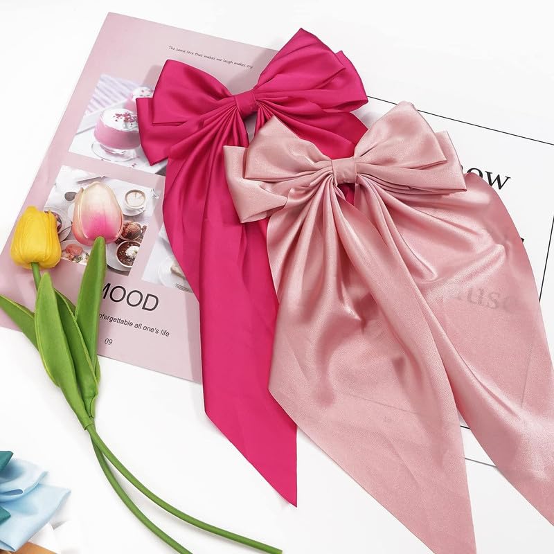 6PCS Soft Long Tails Hair Bows Clips - Metal Ponytail Holder with Big Silk Satin Ribbon for Women & Girls | Perfect for Parties, Weddings, School & Daily Hair Accessories