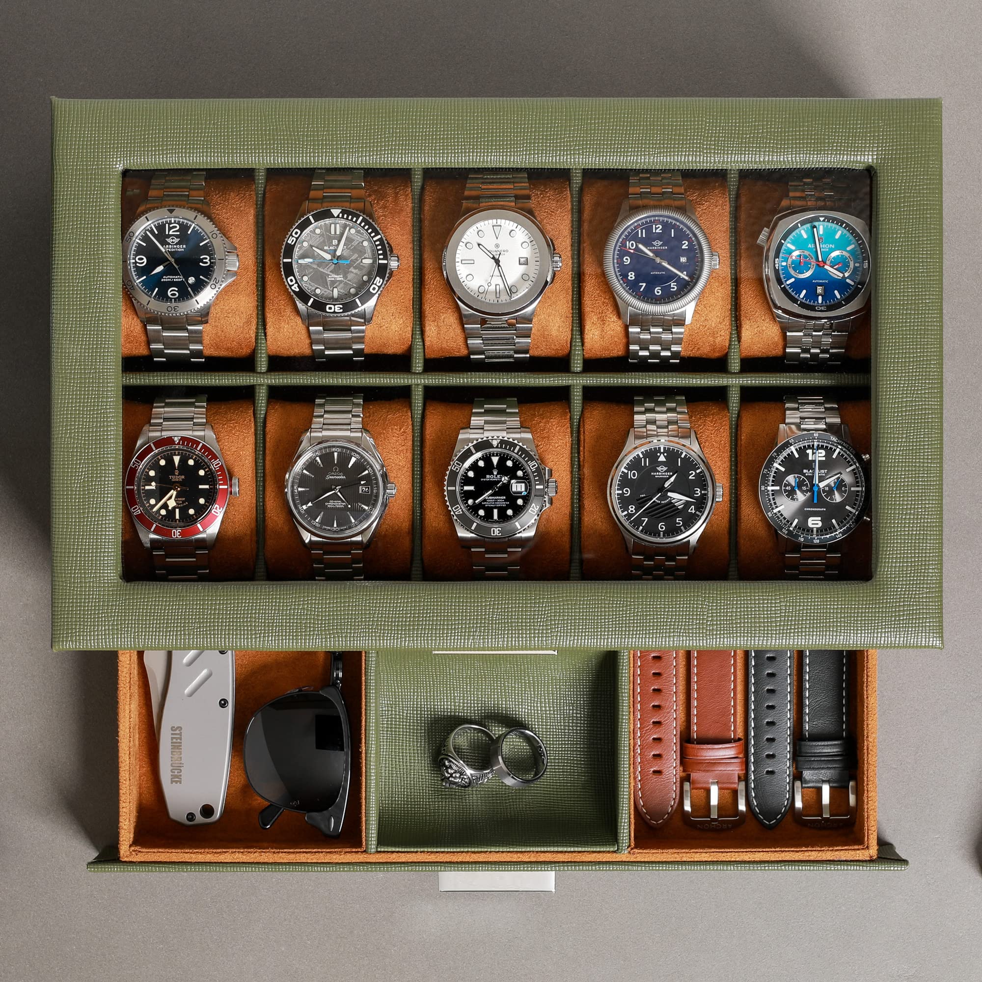ROTHWELL 10-Slot Leather Watch Box with Valet Drawer - Luxury Watch Case Organizer with Soft Microsuede Liner, Jewelry & Sunglass Storage - Large Glass Top Display (Green/Tan) | Perfect for Watch Collectors, Travel & Gift Giving