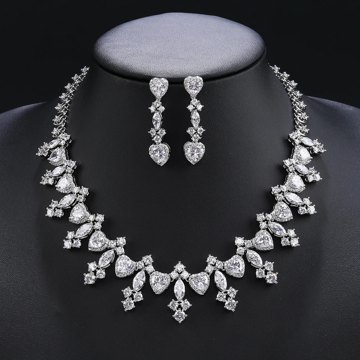 Elegant Multi-Color Cubic Zirconia Heart Necklace & Earrings Set - Wedding, Bridal, Anniversary Jewelry Gift for Her - Perfect for Romantic Dates, Proposals, and Special Occasions