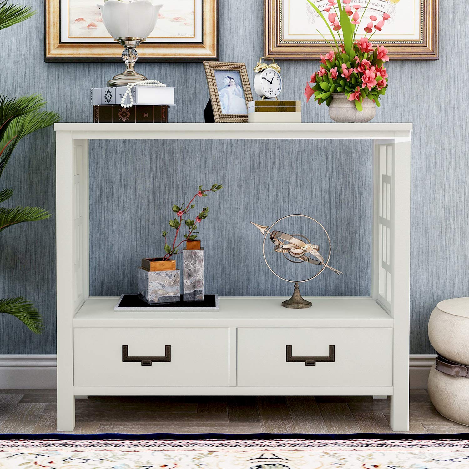 Rustic Pine Wood Console Table with 2 Drawers & Storage Shelf - Farmhouse Narrow Sofa Table for Entryway, Living Room, Bedroom or Hallway - Perfect for Small Space Organization & Home Decor (White Finish)