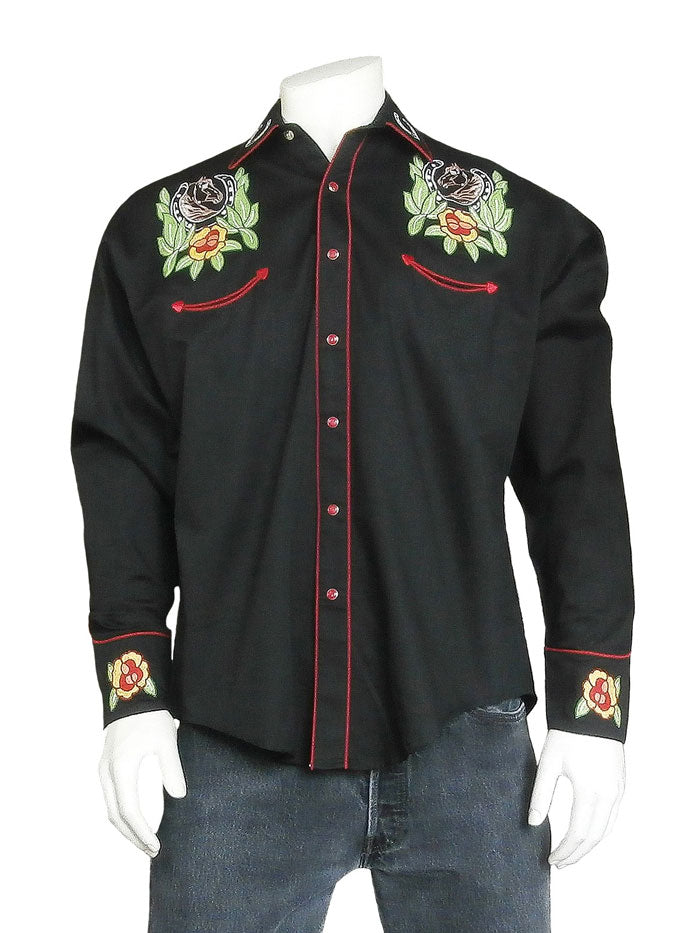 Rockmount 6809 Men's Vintage Western Shirt - Black Horsehead & Floral Embroidered Cowboy Shirt for Rodeo, Country Music Festivals & Casual Wear