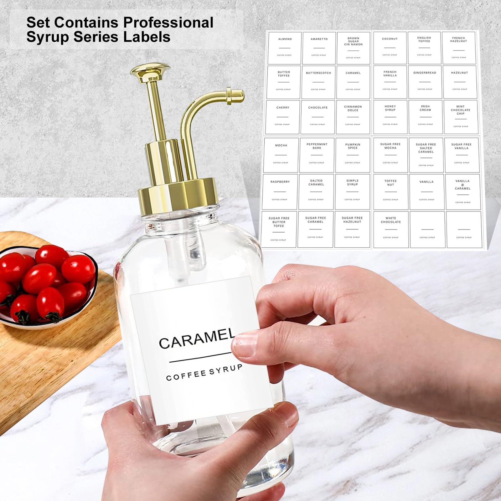Premium Glass Coffee Syrup Dispenser Set - 16.9 oz (500ml) Minimalist Syrup Pump with Tray, Funnel & Stickers - Barista Accessories for Coffee Shops, Cafes & Home Brewing