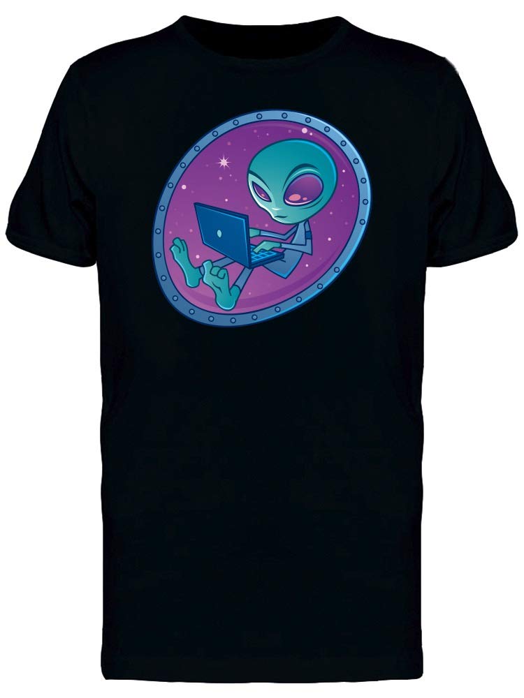 Smartprints Alien with Laptop Floating Graphic T-Shirt for Men - Black | Cool Sci-Fi Design for Casual Wear & Gifts