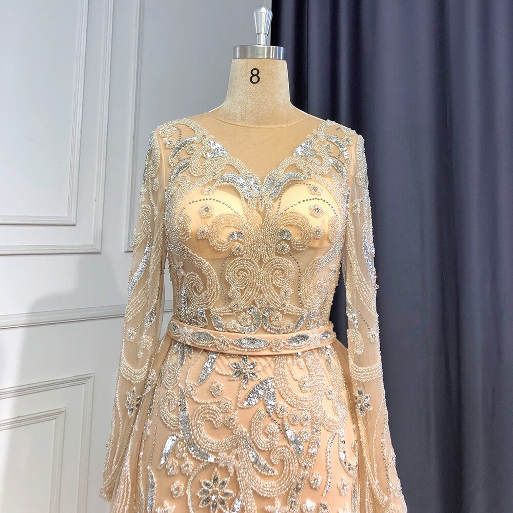 Elegant Muslim Nude Silver Mermaid Evening Gown with Beaded Details - Luxury Women's Party Dress for Special Occasions | Perfect for Weddings, Galas, and Formal Events