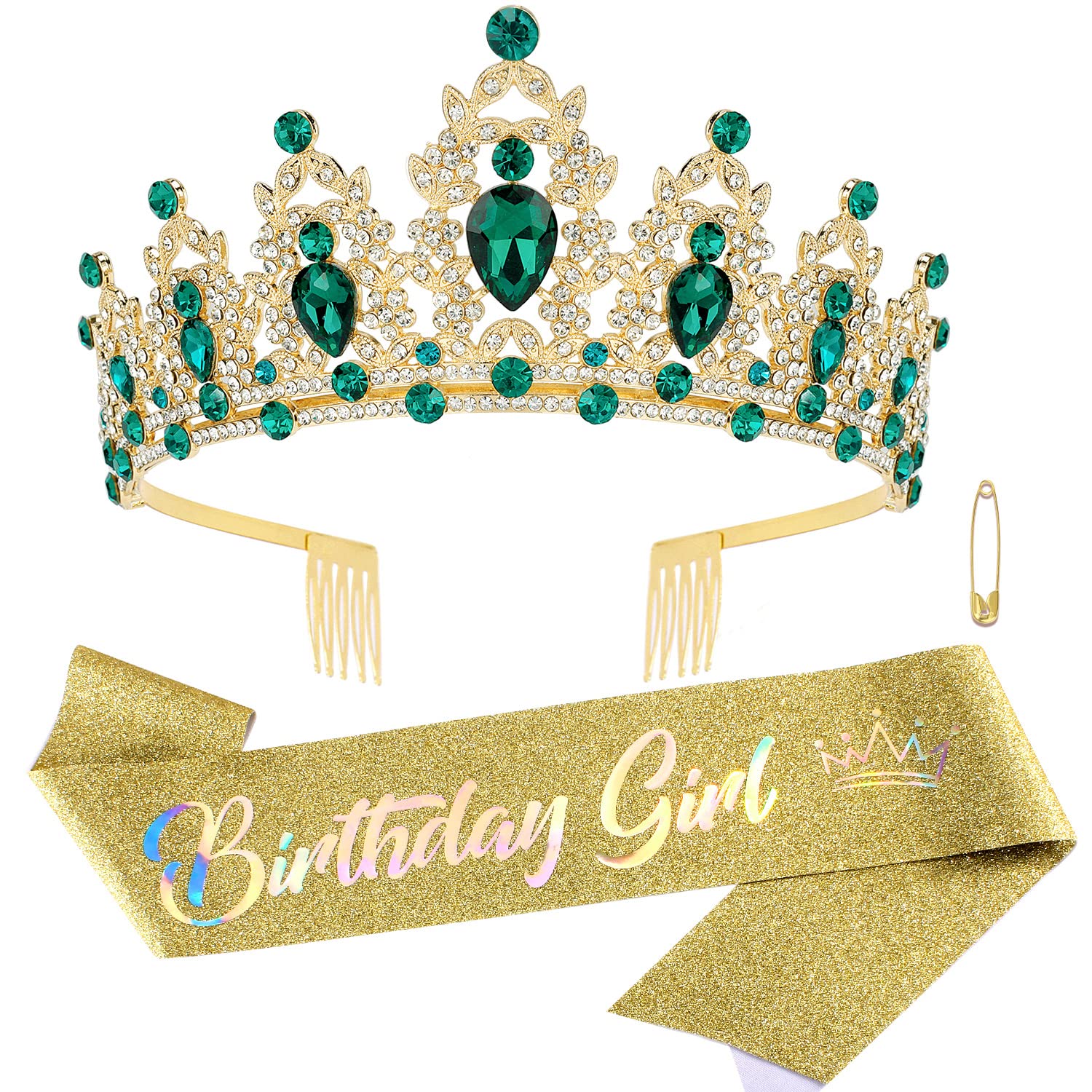 SuPoo Green Rhinestone Birthday Tiara with Comb & Glitter Sash Set - Sparkling Crystal Headband & Crown Kit for Women’s Birthday Party Decorations | Perfect for Birthday Girls, Princess Theme Parties & Special Occasion Gifts
