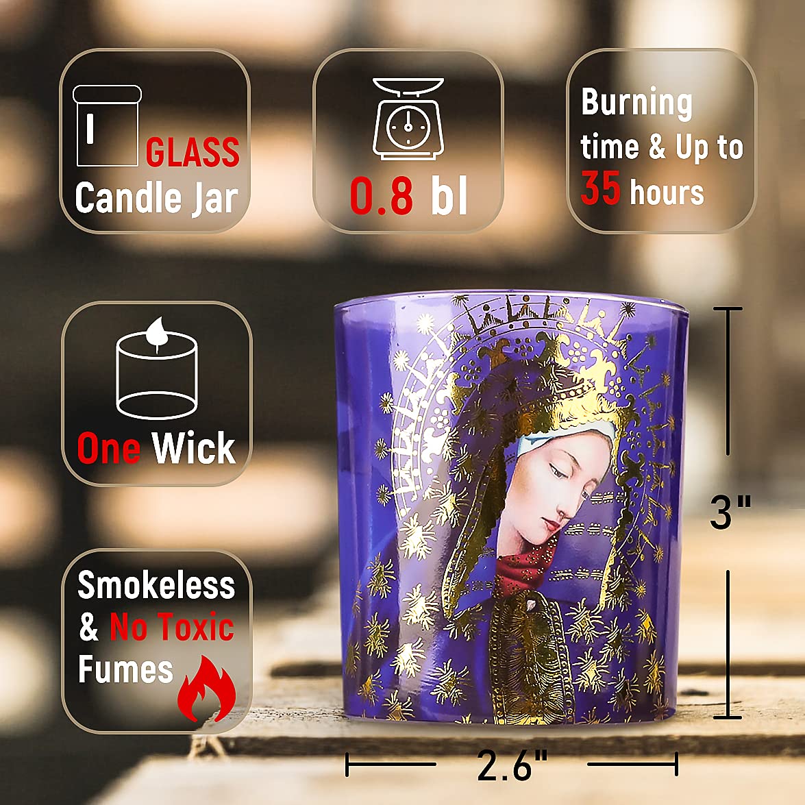 Blessed Virgin Mary Scented Candles - Set of 3 Purple Glass Votive Candles for Catholic Church, Home Altar & Prayer - Long-Lasting Rosemary Scented Soy Wax Jar Candles for Meditation, Devotion & Spiritual Relaxation