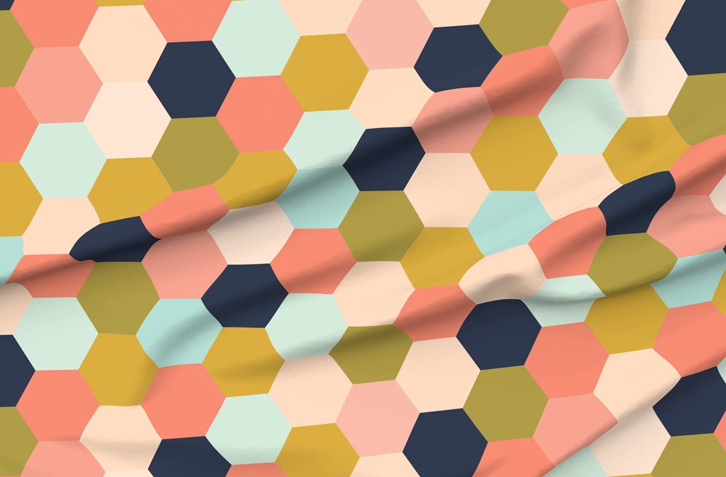 Hexagon Wholecloth Cheater Quilt Top Coral Hexagons Navy Geometric Upholstery Velvet Fabric - Fat Quarter for Quilting, Home Decor & Apparel | Perfect for DIY Quilts, Throw Pillows & Fashion Accessories