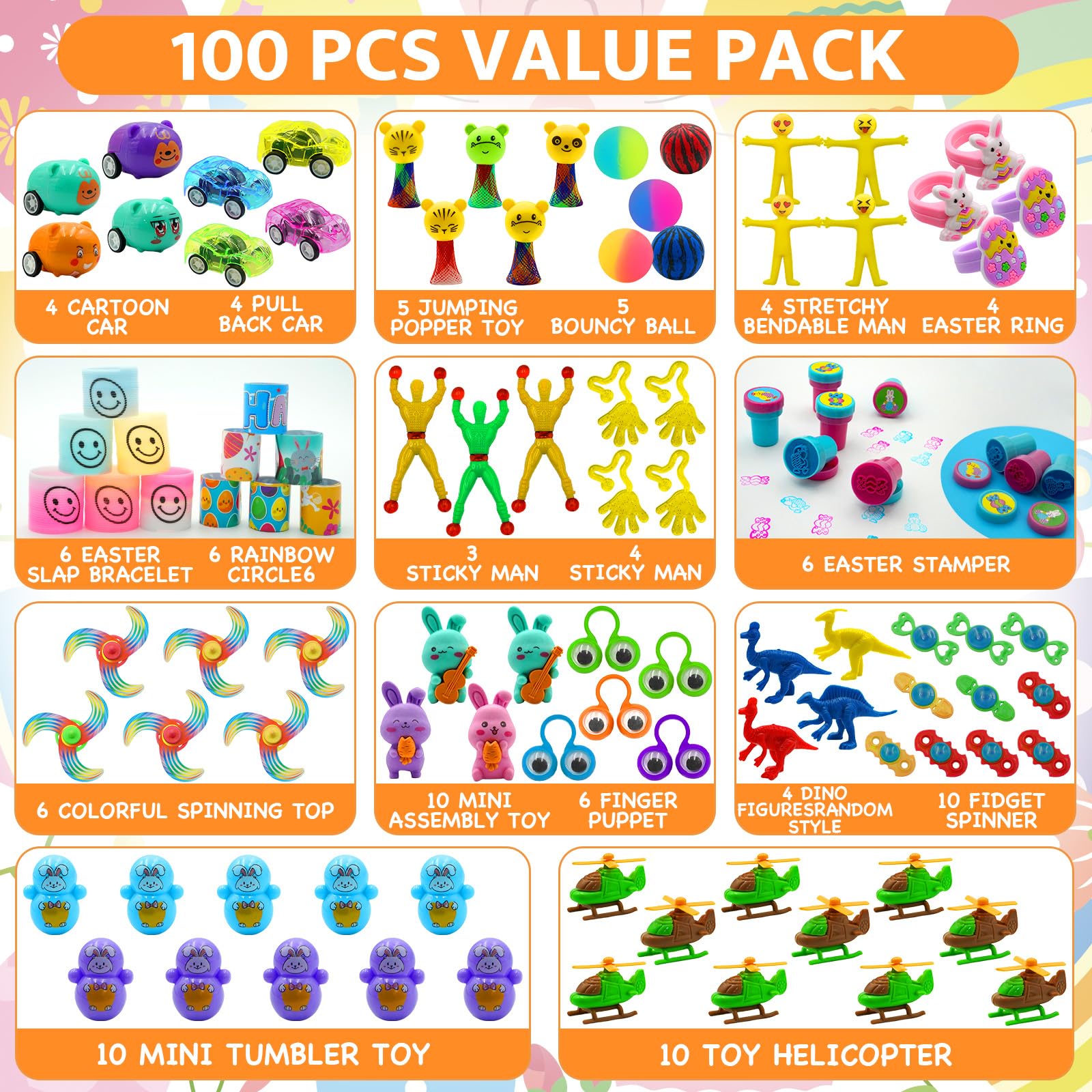 6 Surprise Golden Eggs - 100 PCS Easter Prefilled Plastic Eggs with Assorted Toys for Kids, Toddlers, Boys & Girls - Perfect for Easter Basket Stuffers, Party Favors, Egg Hunts & Classroom Rewards