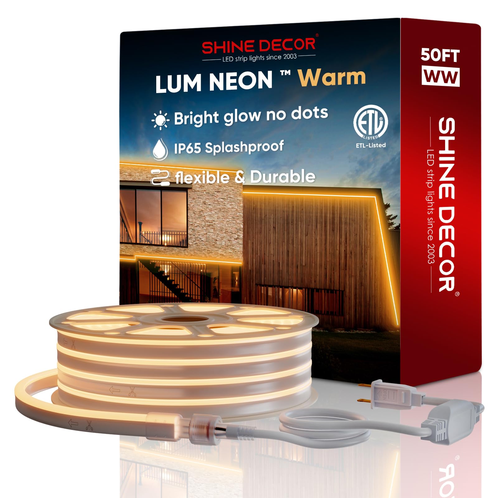 Shine Decor LED Neon Rope Lights 50ft - Expandable & Cuttable 120LEDs/M Bright Strip Lighting - ETL Certified Cold-Resistant & IP65 Waterproof - 2500K Warm White (8x16mm) - Perfect for Indoor & Outdoor Use - Bedroom, Bar, Wedding, Party, Garden Decoration