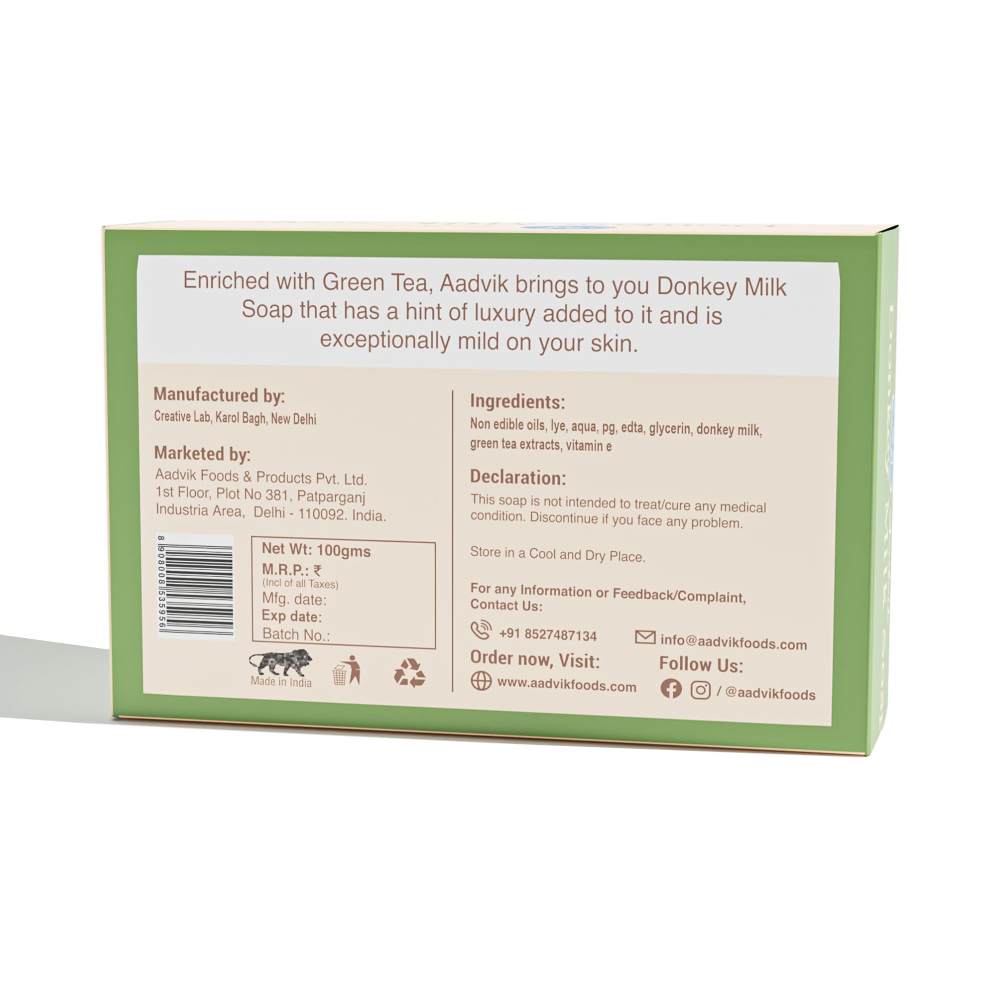 Aadvik Premium Donkey Milk Soap with Green Tea - 100g Natural Skincare Bar for Moisturizing, Anti-Aging & Sensitive Skin - Perfect for Daily Face & Body Cleansing, Spa & Gift Sets