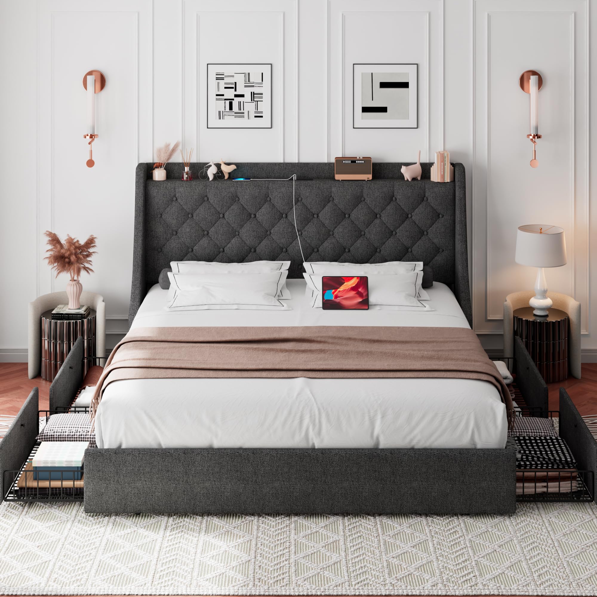iPormis King Size Bed Frame with 4 Storage Drawers & USB Ports - Upholstered Platform Bed with Wingback Headboard, Solid Wood Slats - No Box Spring Needed - Dark Gray - Perfect for Master Bedroom, Guest Room & Small Space Organization