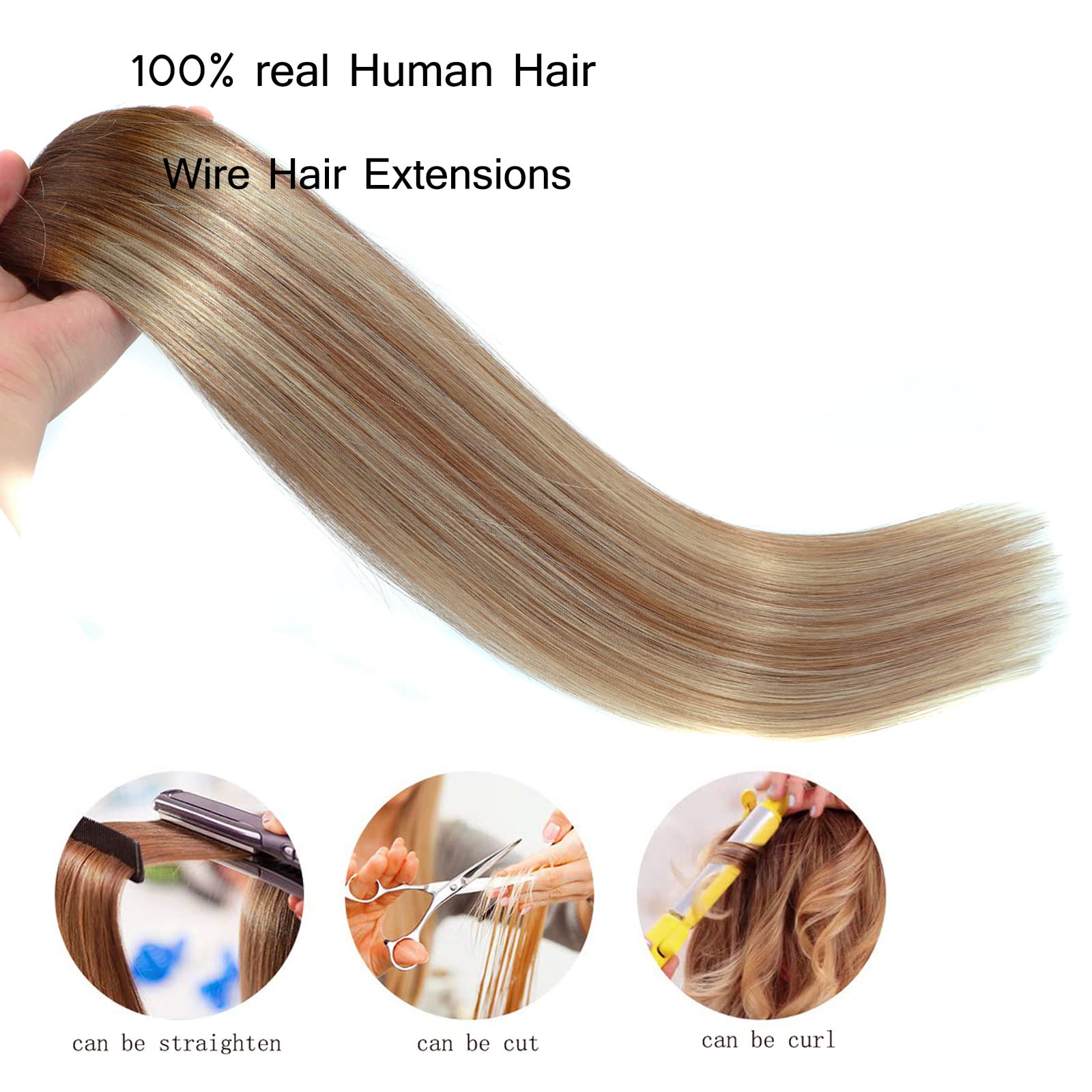 Ugrace 18 Inch 90g Clip-in Human Hair Extensions - Real Human Hair, Balayage Light Brown to Ash Brown & Bleach Blonde, Transparent Invisible Fish Line for Natural Look | Perfect for Daily Wear, Parties, Weddings & Special Occasions