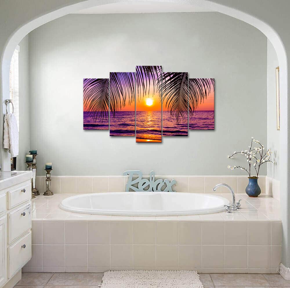 5 Piece Golden Seascape Ocean Beach Wall Art - Hawaii Sunset Canvas Prints, Stretched & Framed Ready to Hang - Modern Coastal Decor for Living Room, Bedroom & Office