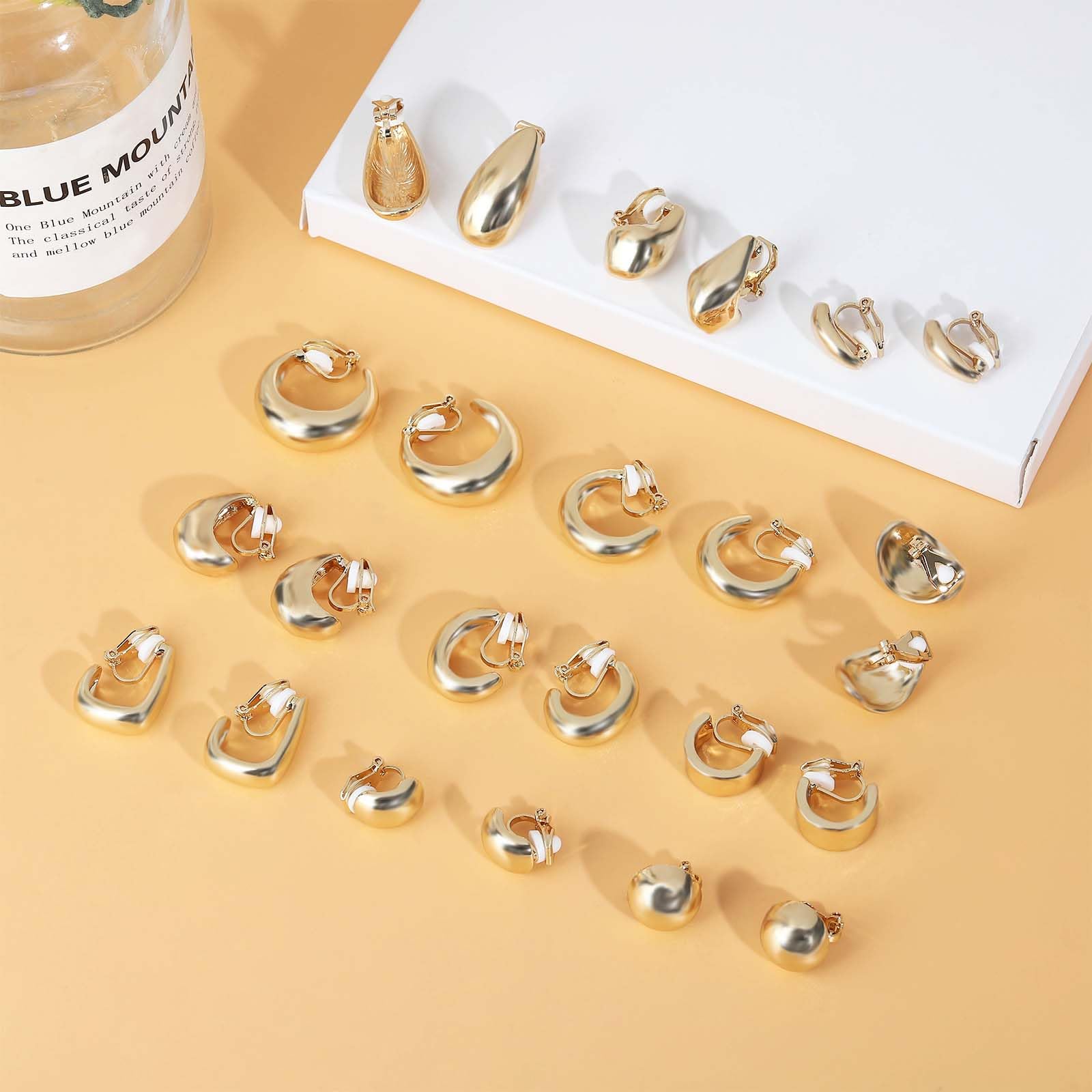 NEWITIN 12 Pairs Gold Clip On Hoop Earrings for Women - Retro Chunky Non-Piercing Fake Earrings | Perfect for Parties, Weddings & Everyday Wear