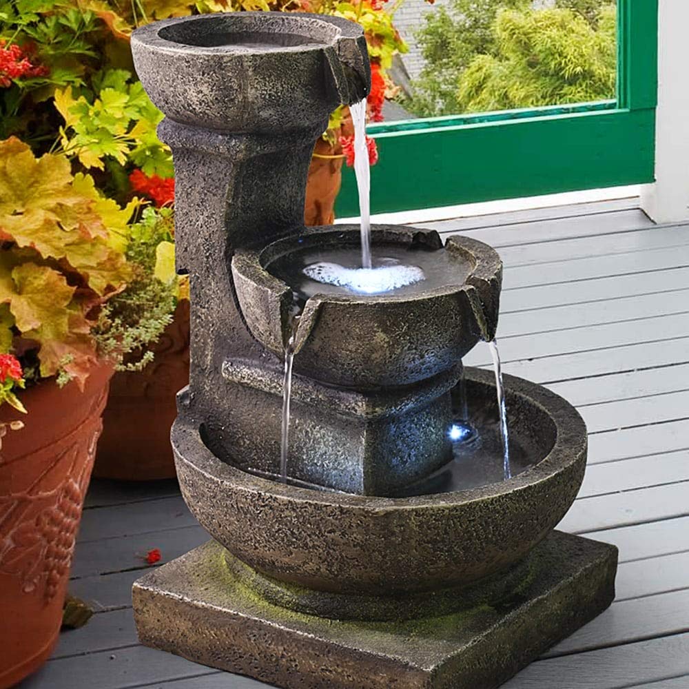 Outdoor Waterfall Fountain with LED Lights - Grey Modern Contemporary Polyresin Decor for Garden, Patio, and Backyard Relaxation