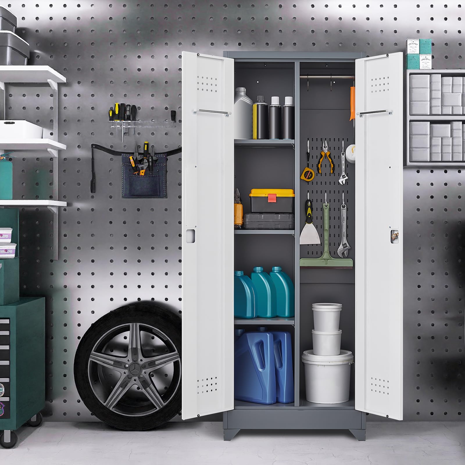 GREATMEET Heavy Duty Metal Storage Cabinet with Adjustable Shelves - Broom Closet Organizer with Pegboard & Hanging Rod - Locking Tall Utility Cabinet for Cleaning Tools - Perfect for Bathroom, Garage, Laundry Room & Mudroom Organization