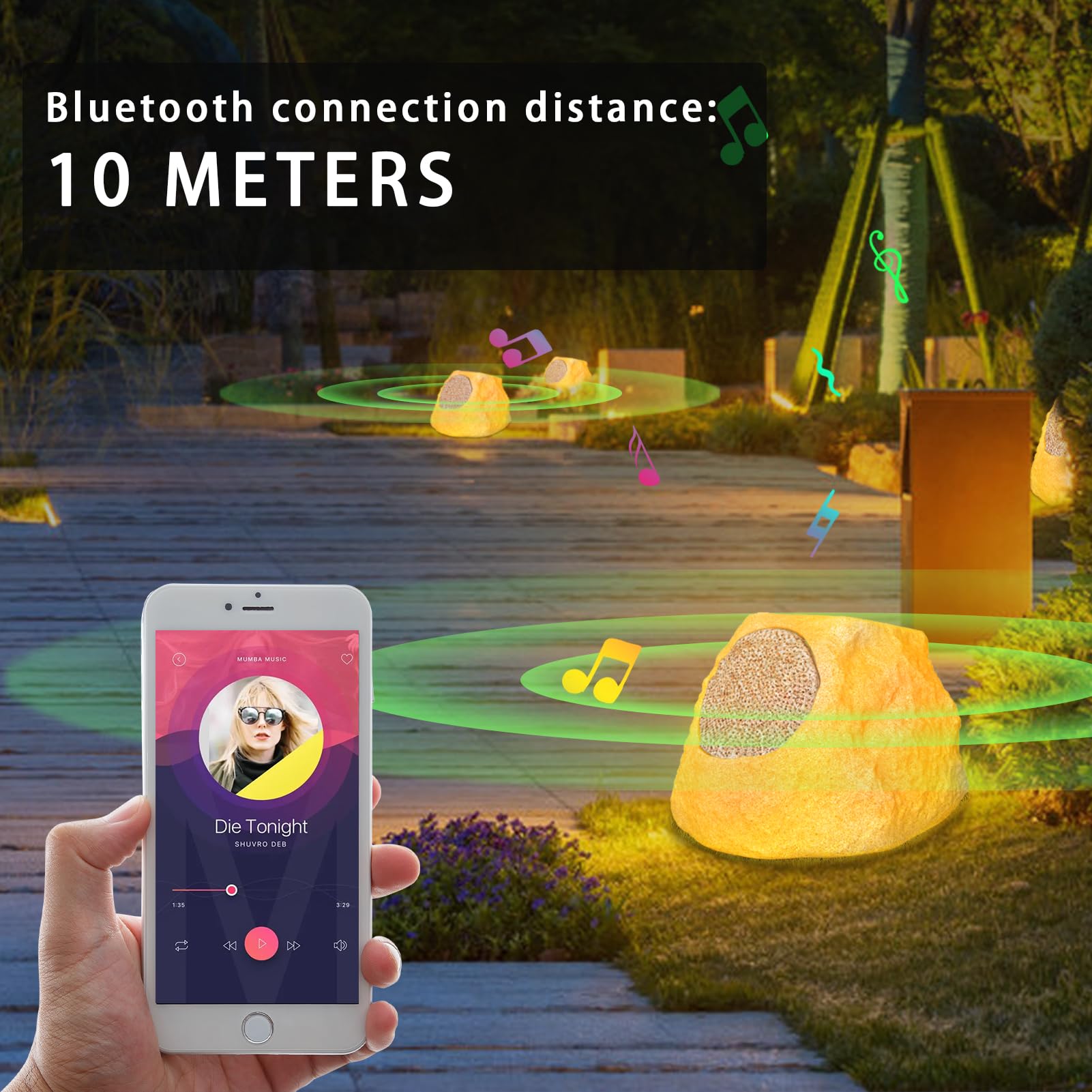 Waterproof Solar Bluetooth 5.0 Rock Speaker - Wireless Portable Outdoor Speaker with 7 Color LED Lights, Rechargeable Battery - Perfect for Patio, Backyard, Poolside, Garden, Camping (2 Pack)