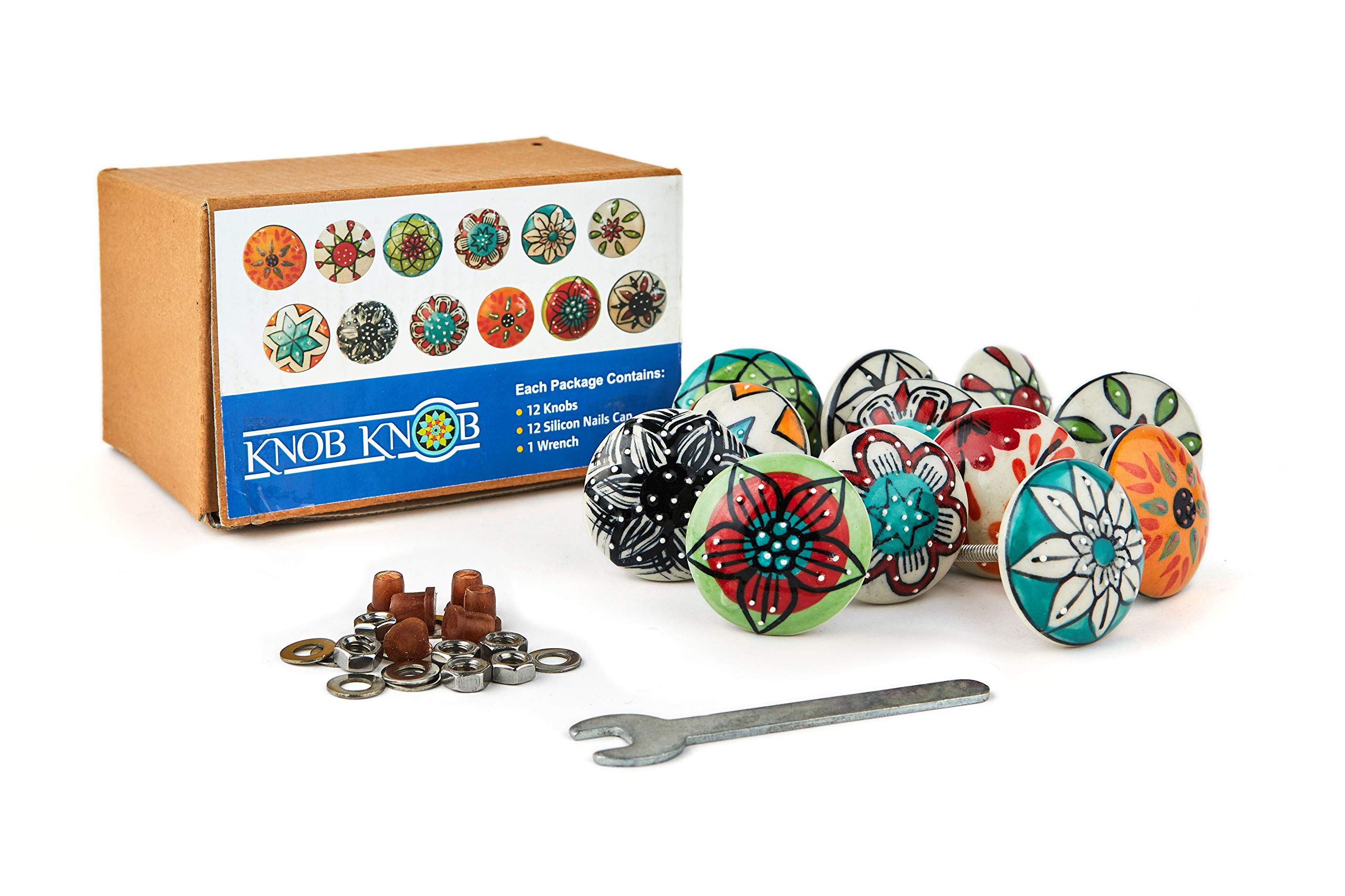 12-Pack Colorful Handmade Ceramic Cabinet Knobs - Multi-Design Drawer Pulls for Kitchen, Bathroom & Office (Includes Wrench, Screw Caps & Extra Bolts) | Perfect for Cabinets, Dressers, Vanities & DIY Furniture Upgrades