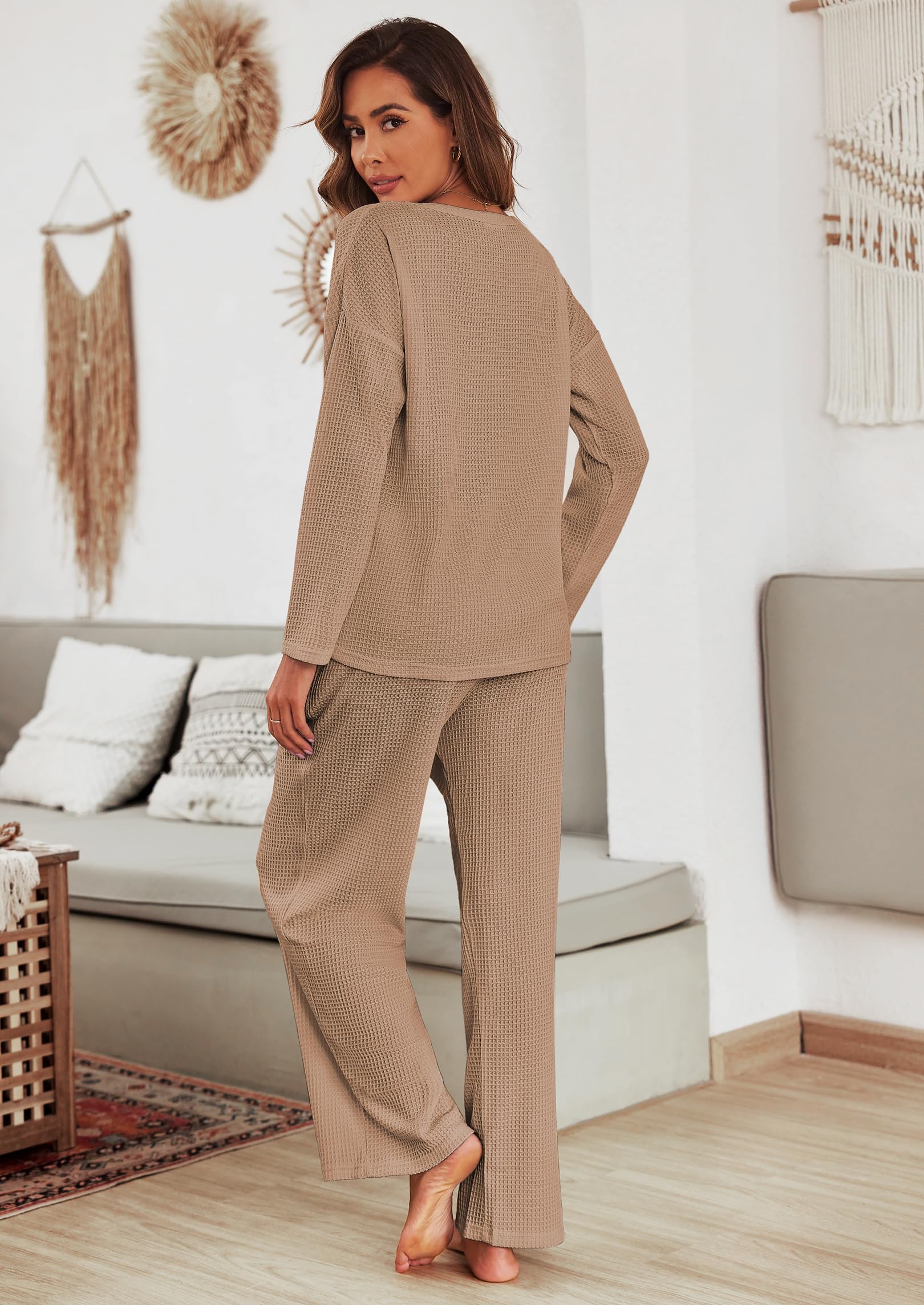 Ekouaer Women's Waffle Knit Pajama Set - Soft Long Sleeve Sleepwear & Lounge Outfit 2-Piece Matching PJ Set with Pockets - Cozy for Bedtime, Relaxing at Home & Winter Nights