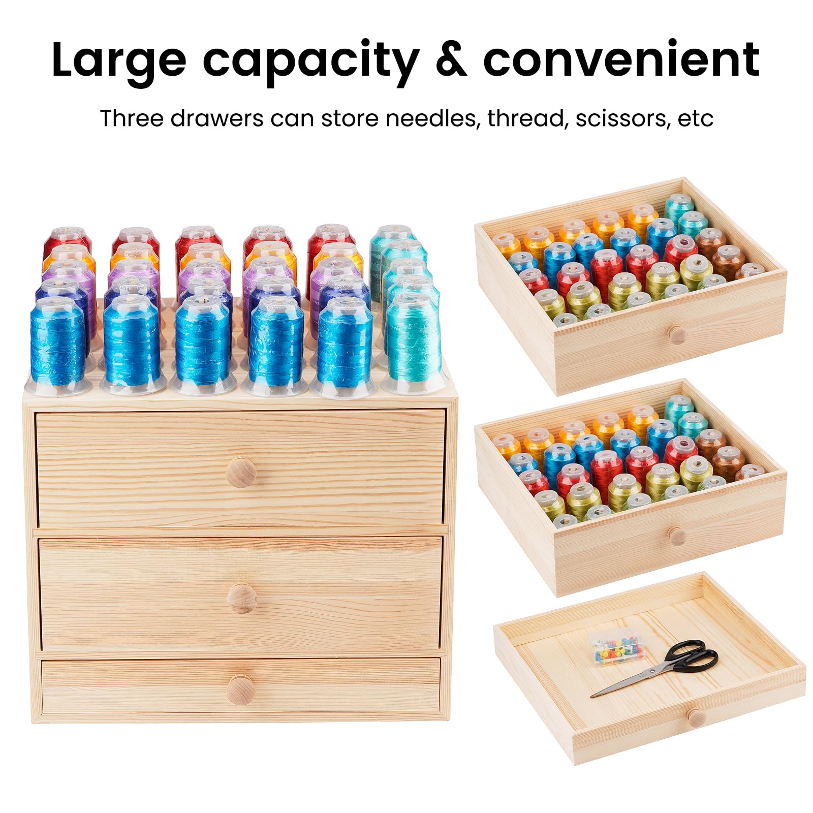 90 Spools Wooden Thread Holder Organizer - 3-Tier Drawer Embroidery Thread Storage Box for Sewing, Quilting, Hair Braiding & Jewelry Making | Perfect for Craft Room Organization & DIY Projects