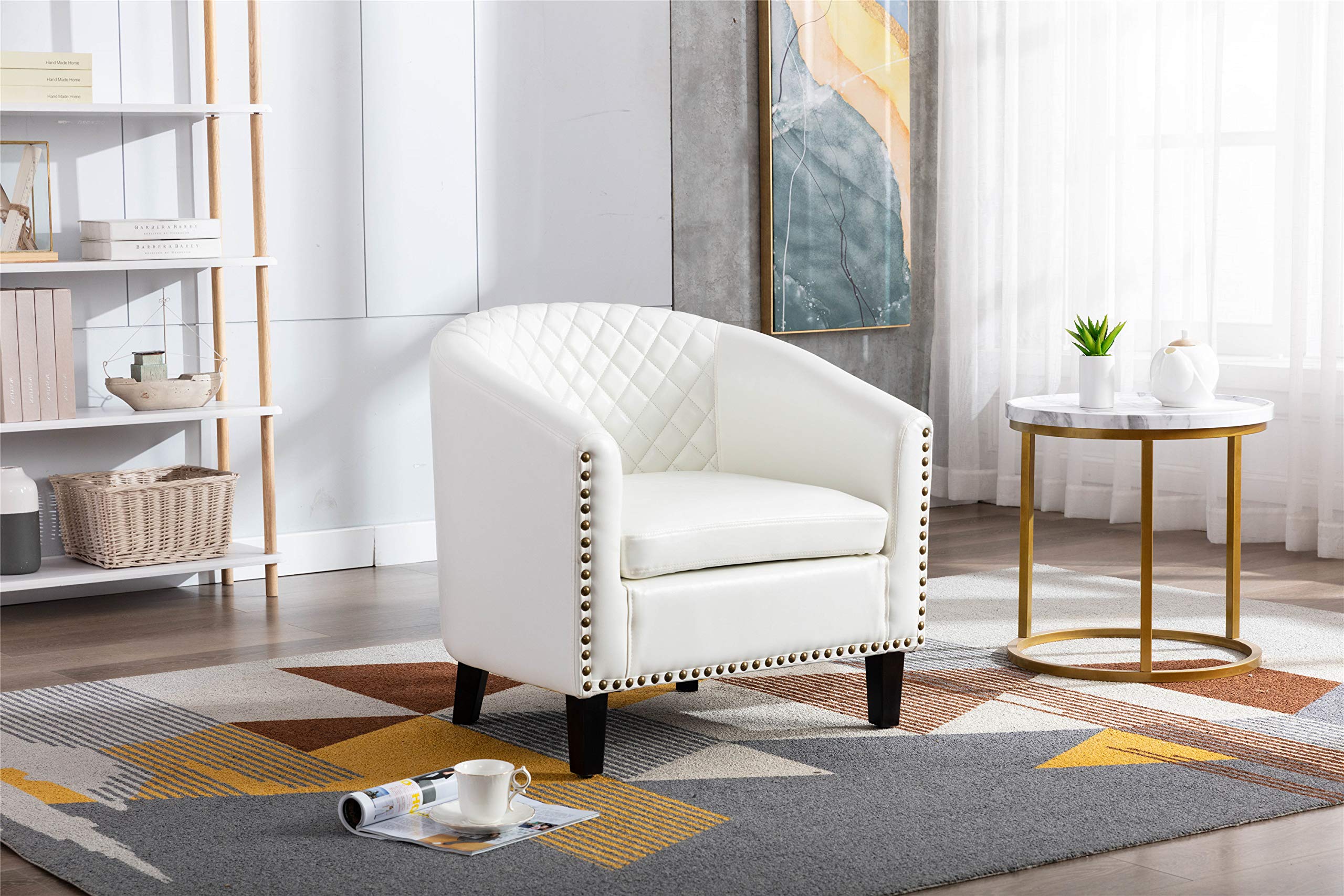 Modern Upholstered Faux Leather Barrel Accent Chair with Solid Wood Legs & Nailhead Trim - Comfortable Club Chair for Living Room, Office, Guest Room & Family Room - White Leather Lounge Chair for Home Decor & Relaxation