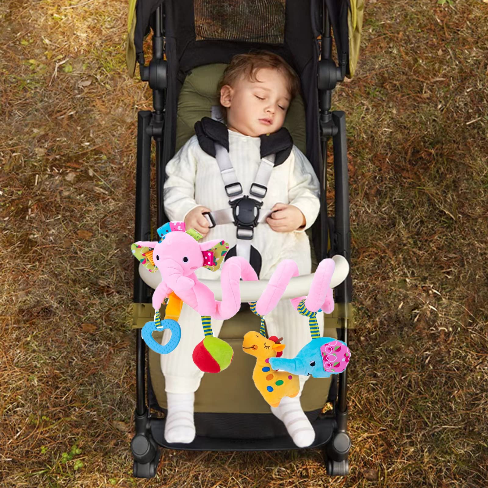 Baby Car Seat Toys 0-6 Months - Spiral Stroller Toys for Newborns 0-3 Months, Hanging Activity Toys for Infant Car Seat, Stroller, Crib & Bassinet - Soft Pink Elephant Design - Perfect for Travel, Playtime & Sensory Development