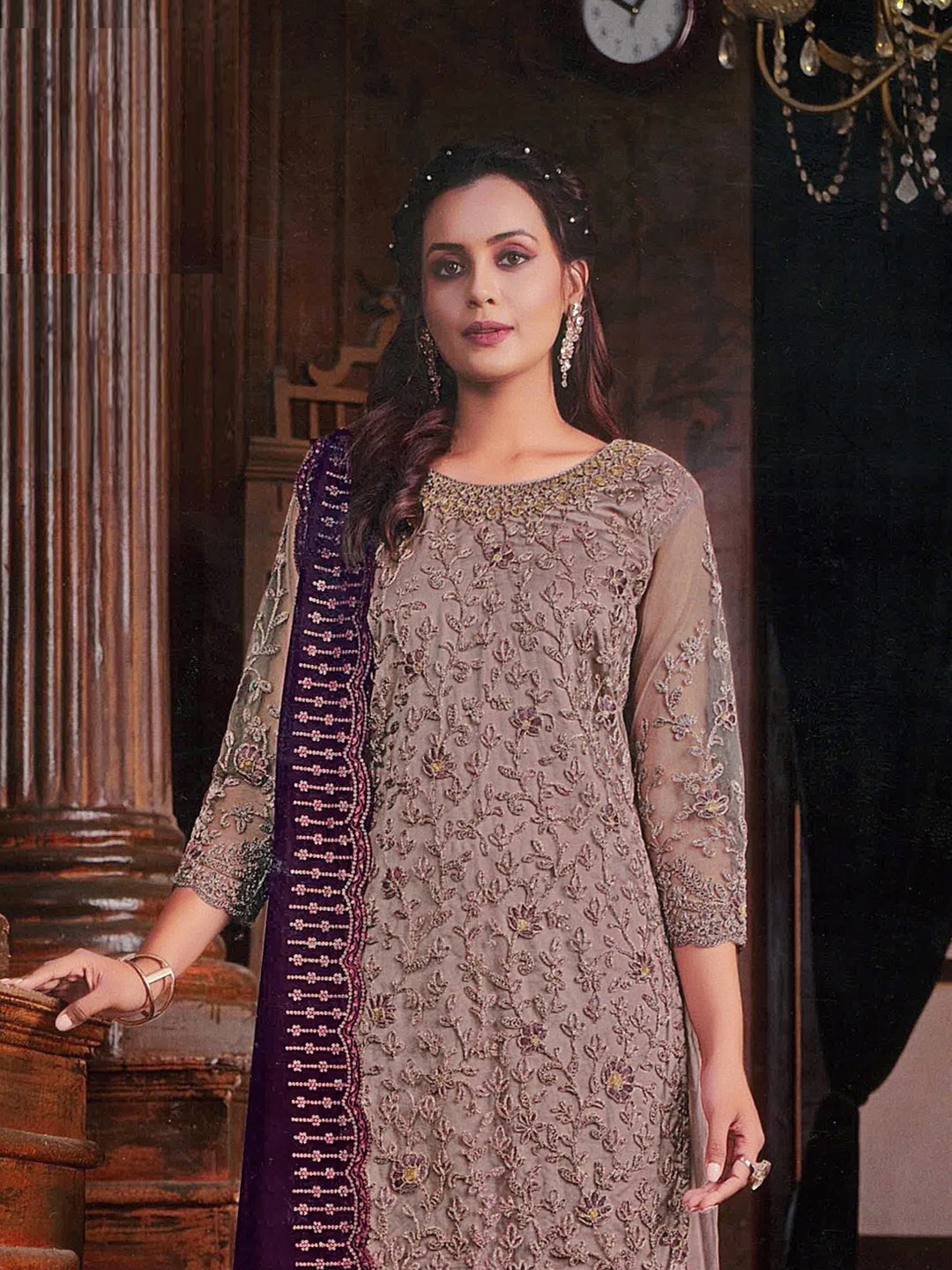 Elegant Beige Embroidered Palazzo Suit with Heavy Butterfly Net Design - Perfect for Weddings, Parties & Special Occasions