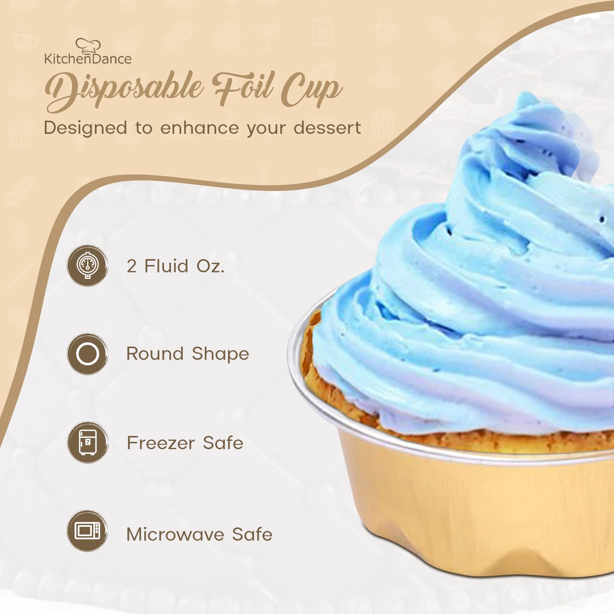 KitchenDance 2 oz Disposable Aluminum Foil Baking Cups - 1000 Gold Mini Dessert Cups for Creme Brulee, Flan, Cupcakes & Chocolates - Perfect for Parties, Catering & Home Baking