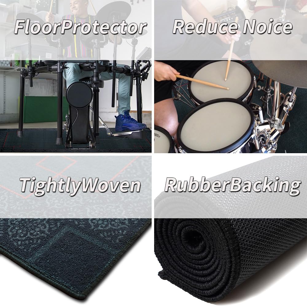 Aucuda 6x6.6ft Large Metal Drum Rug - Non-Slip Woven Fabric Drum Mat for Electric Drum Set - Perfect for Home Studio, Apartment & Outdoor Use - Soundproof & Crease-Free Drum Accessory