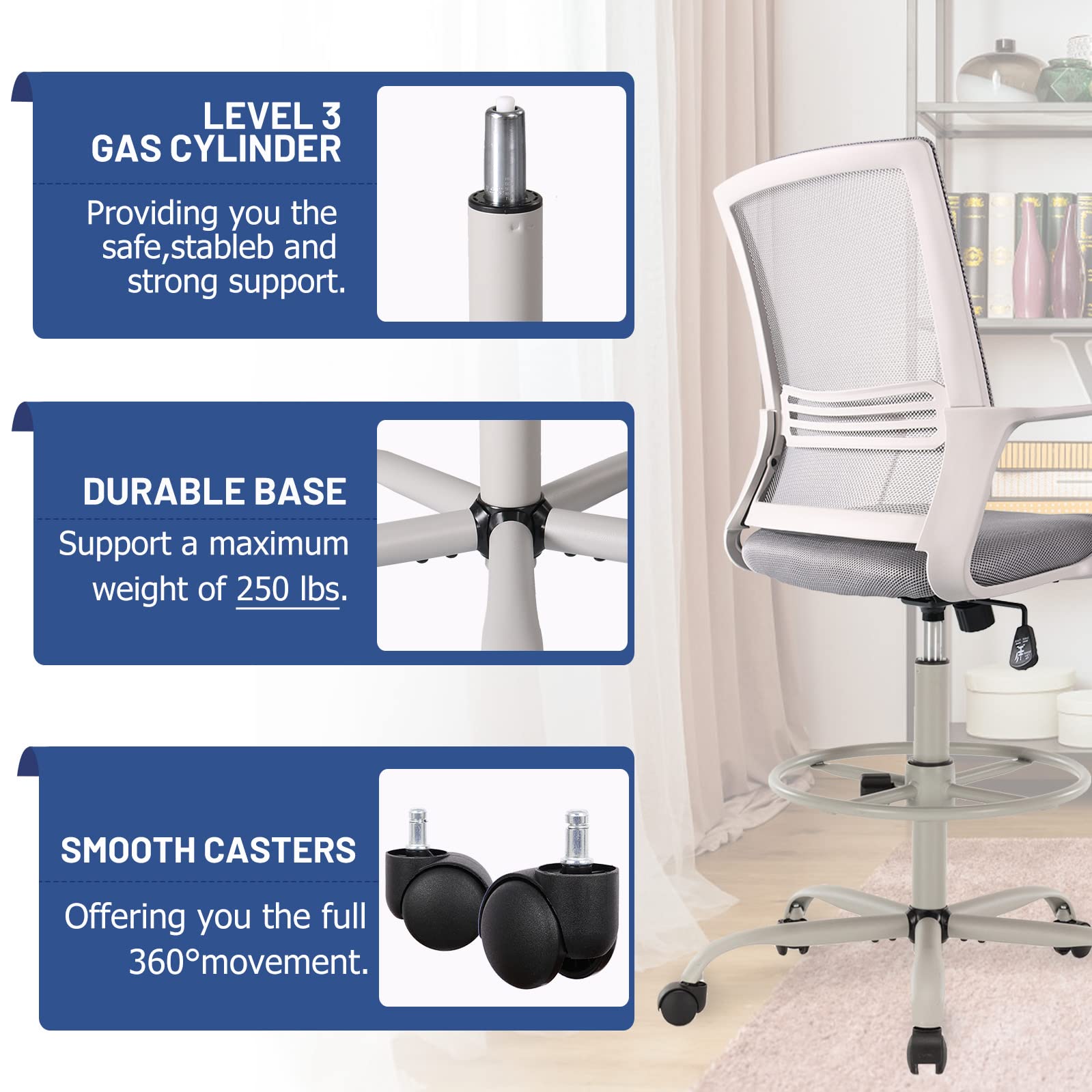 Ergonomic Drafting Chair - Adjustable Height Office Chair with Mesh Back, Armrests & Foot Ring - Tall Computer Task Chair for Standing Desks & Bar Counters - Perfect for Artists, Designers & Home Office Workspaces