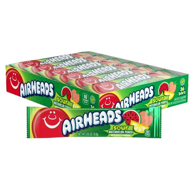 Airheads Sour Watermelon Candy - 36 Count Box | Bulk Sour Candy for Parties, Halloween Treats & Office Snacks