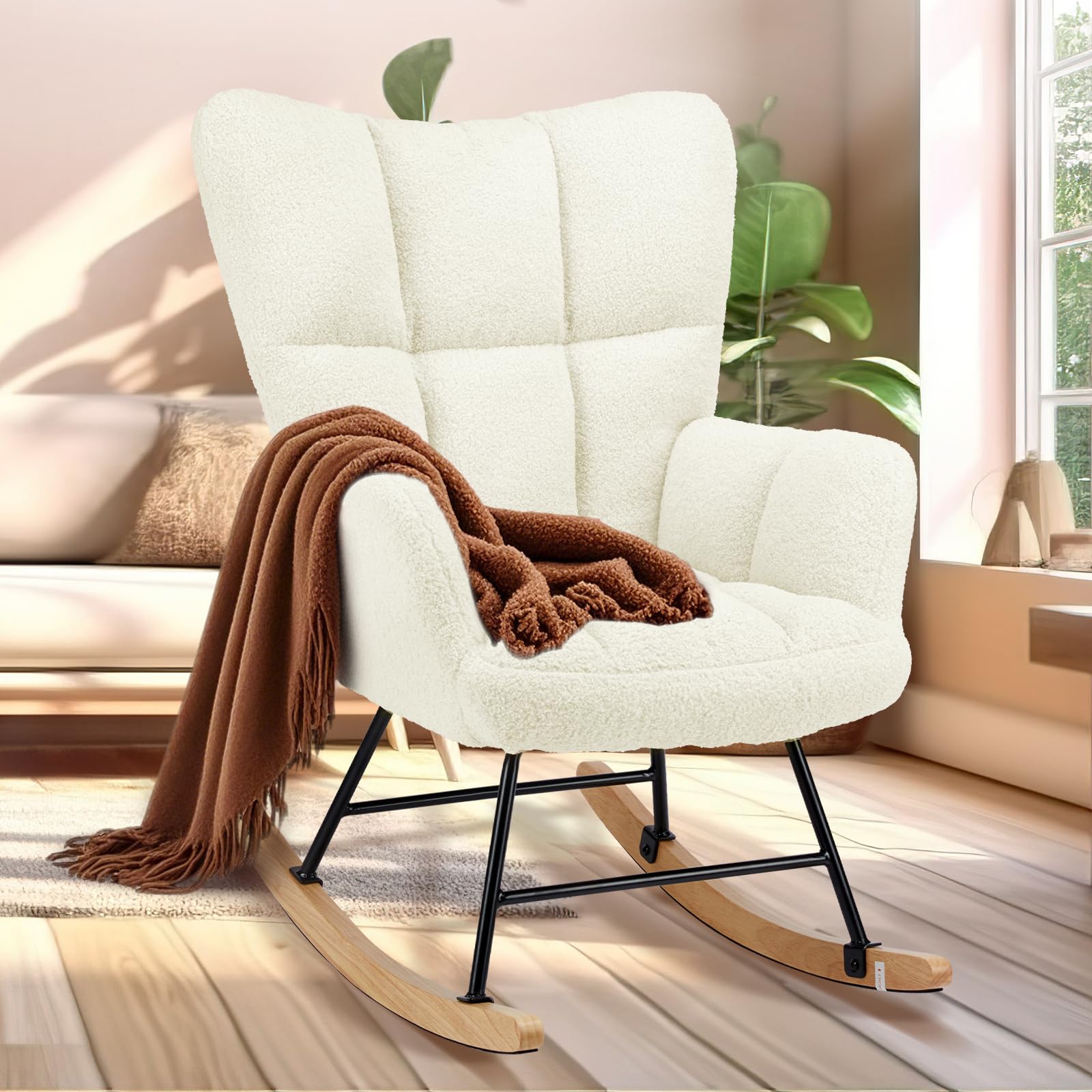 Simple Deluxe Nursery Rocking Chair - Teddy Upholstered Glider Recliner with High Backrest, Comfortable Armchair for Nursing, Reading & Relaxing - Perfect for Nursery, Living Room & Bedroom - White